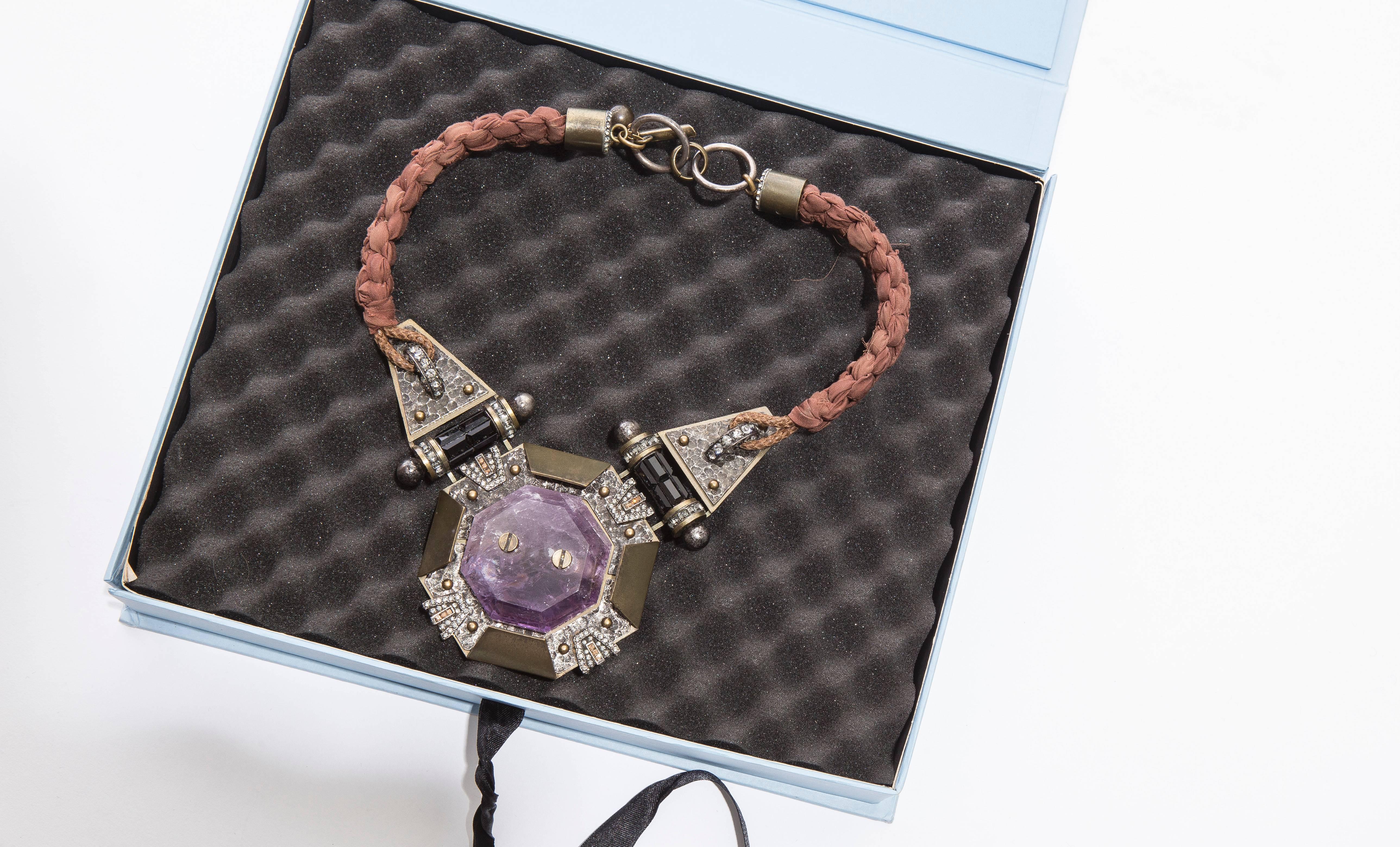  Alber Elbaz For Lanvin Silk Braided Necklace With Amethyst Center Stone 3