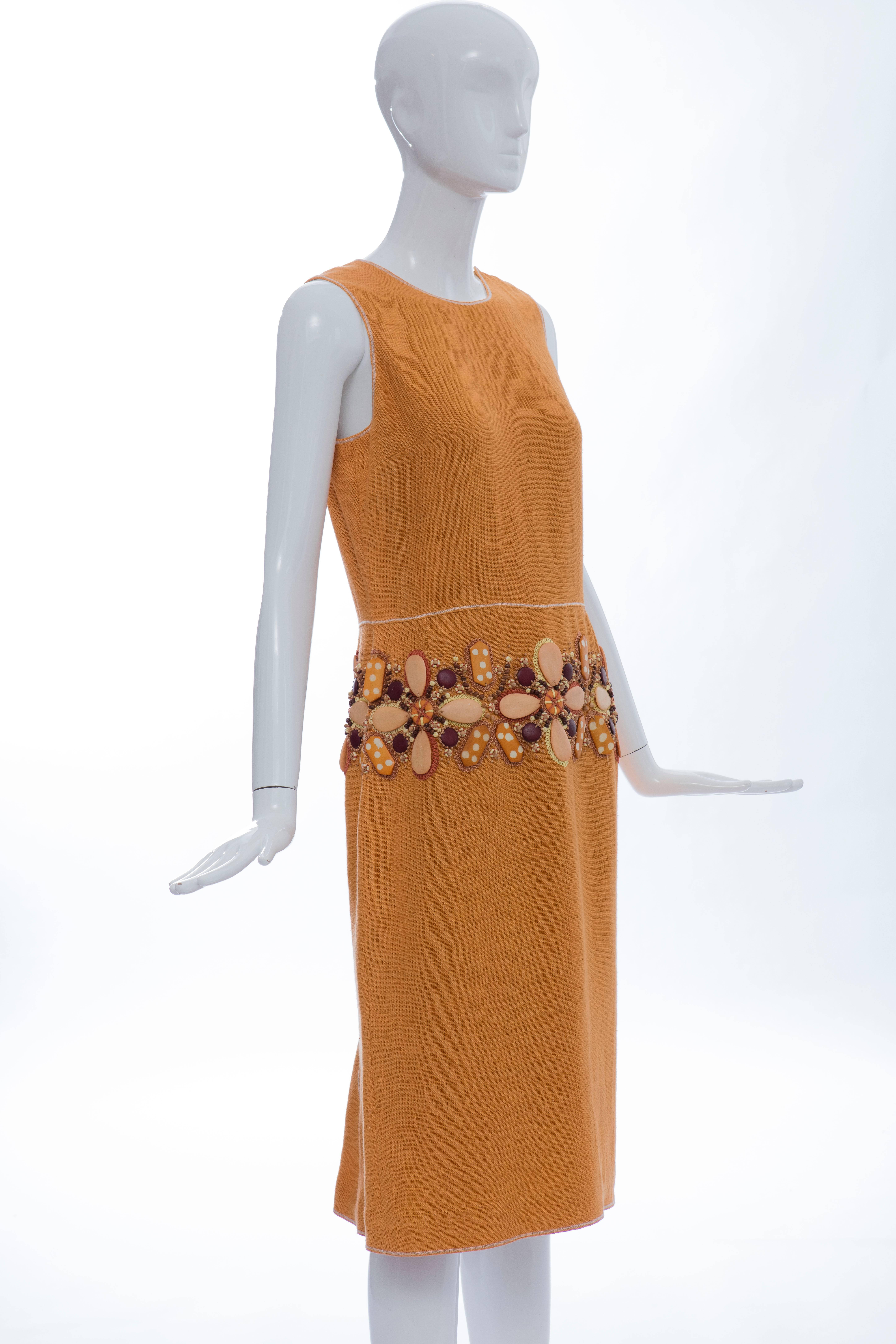 Women's Oscar De la Renta Runway Sleeveless Embroidered Linen Dress, Spring 2006 For Sale