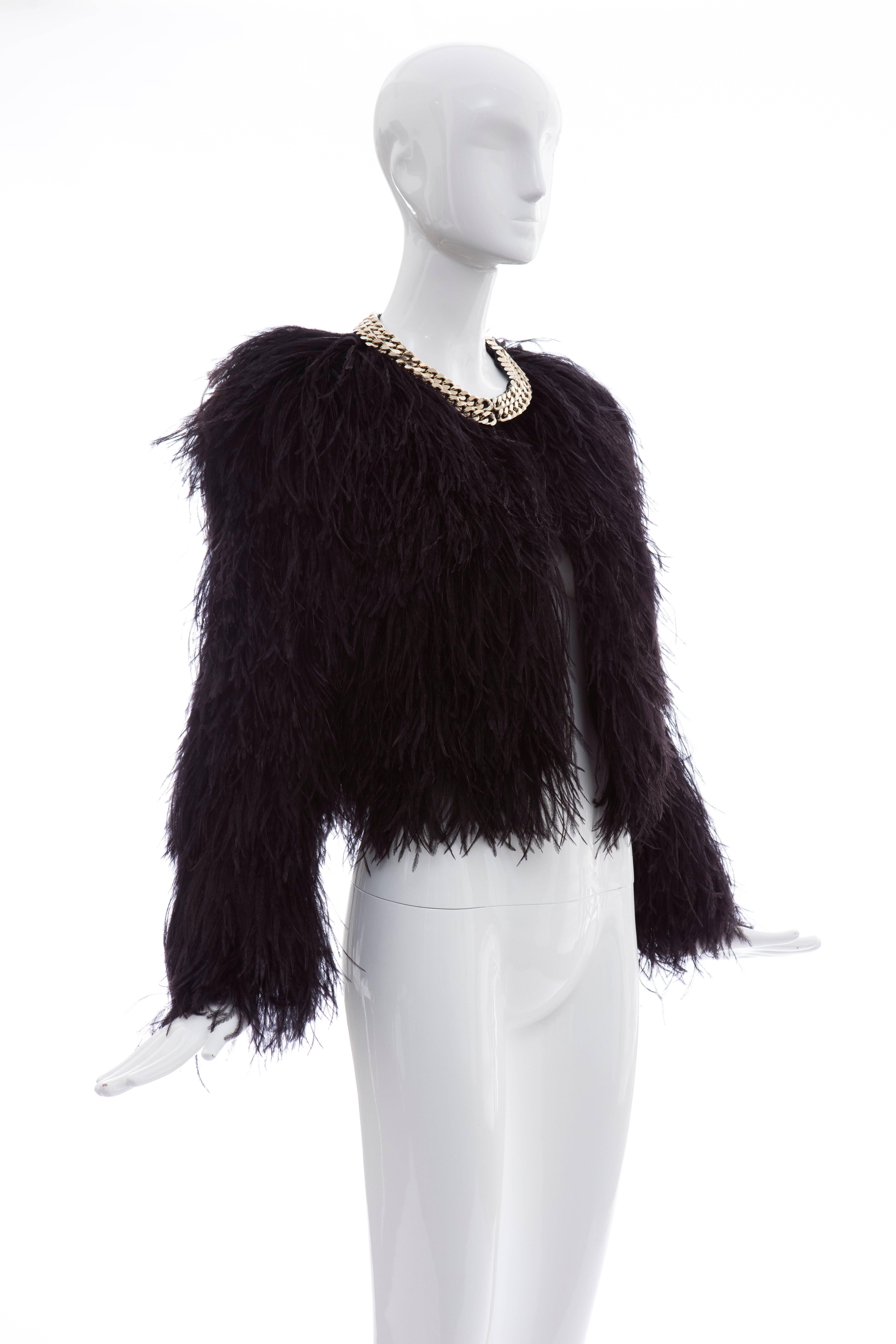 Givenchy Black Ostrich Feather Jacket With Gold Chain Trim Collar In Excellent Condition In Cincinnati, OH