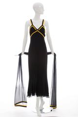 Chanel Runway Black Silk Chiffon Evening Dress Yellow Cashmere Trim, Fall 1994