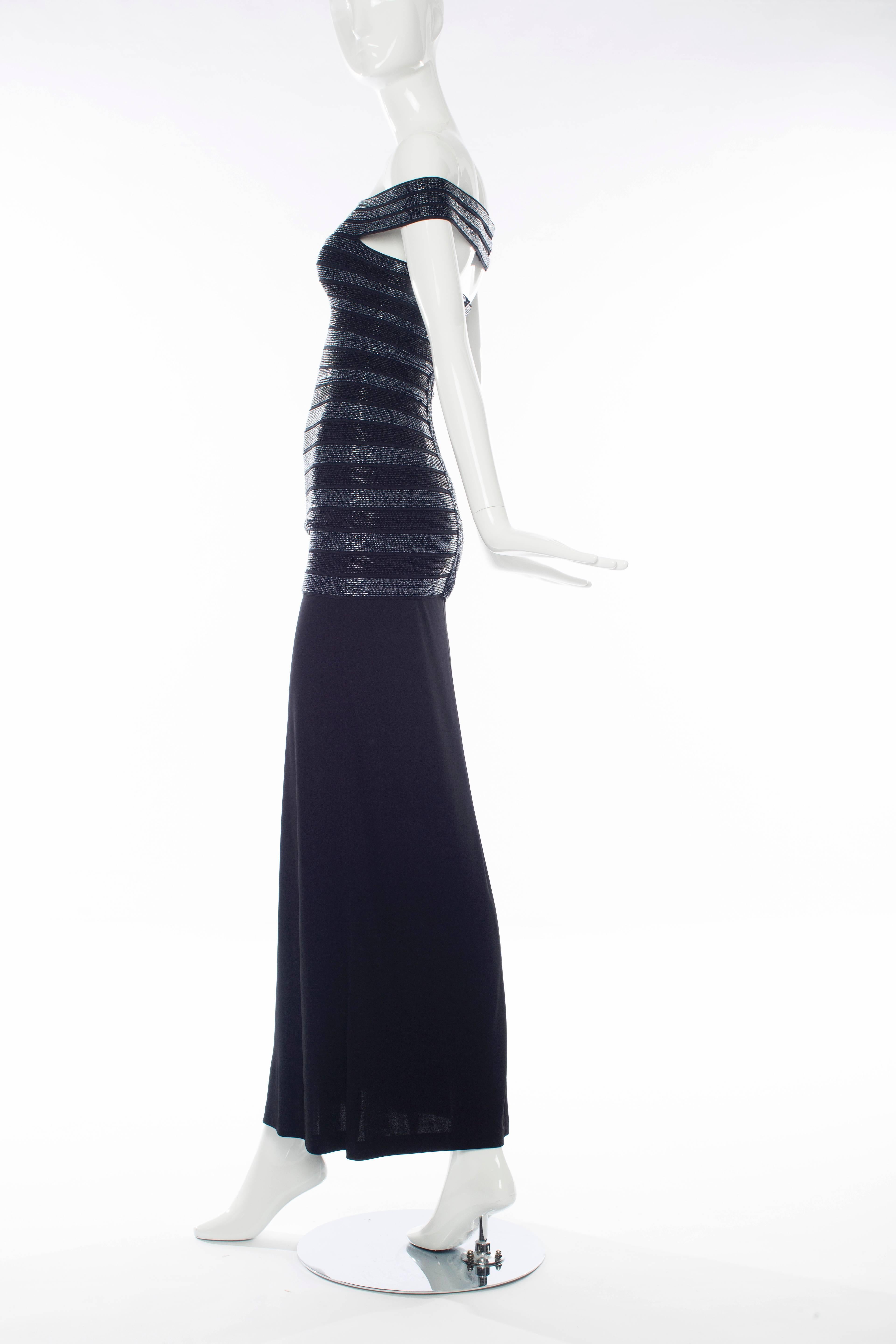 Herve Leger Couture black gown with black and charcoal beading,side zipper with hook and eye clasp.