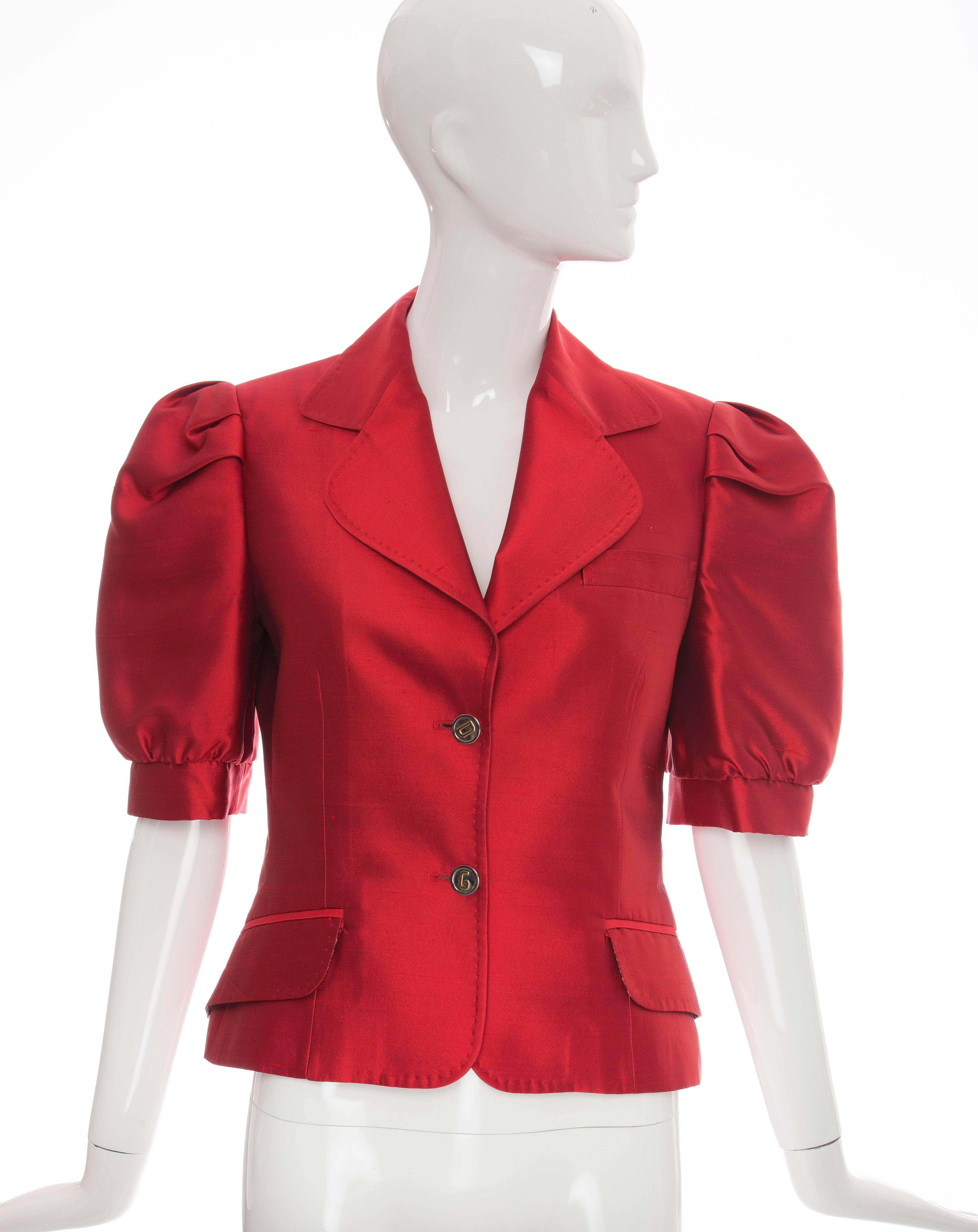 Dolce & Gabbana, Spring 2005, red silk short sleeve jacket,three faux pockets and fully lined with leopard print.