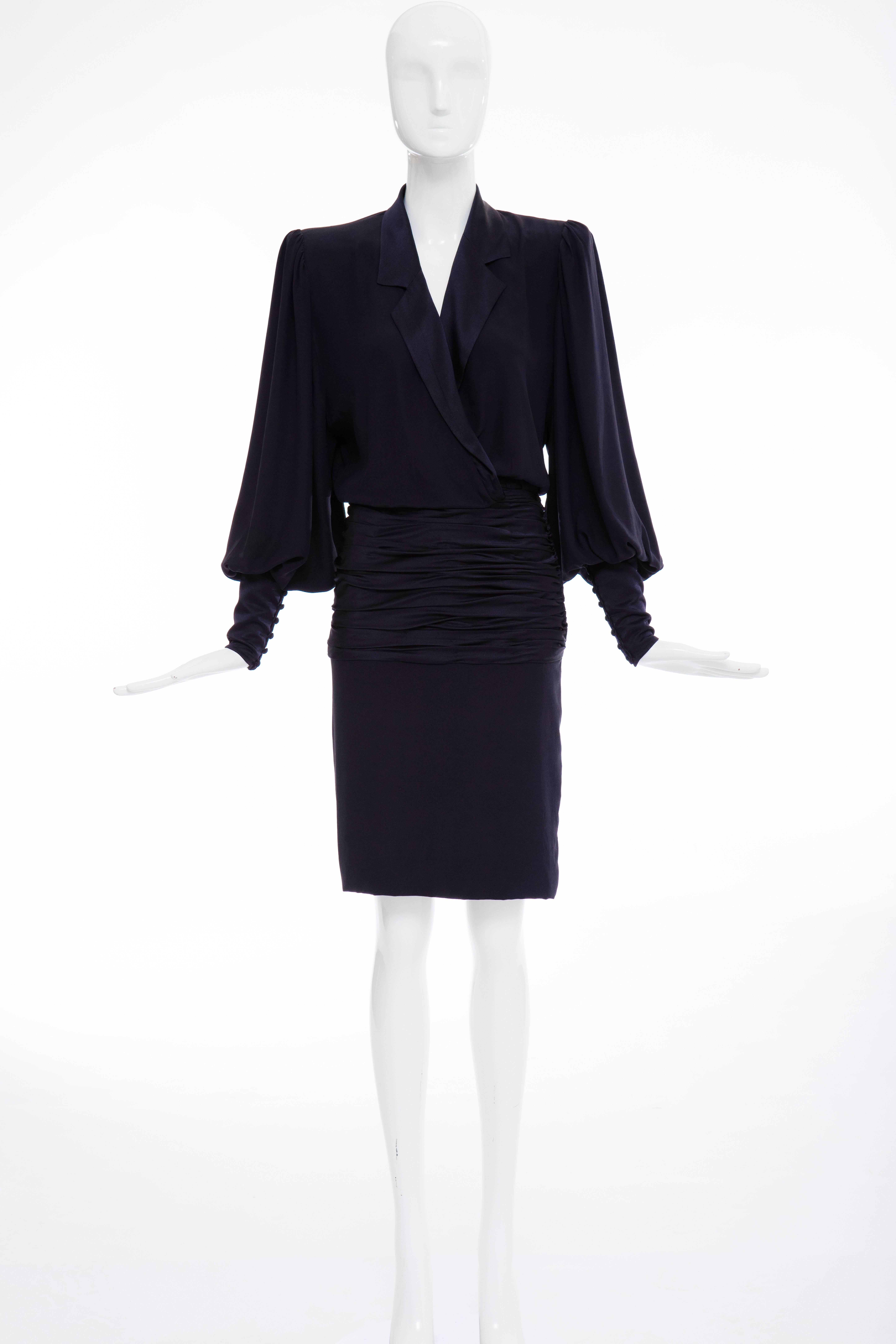 Black Jean - Louis Scherrer Haute Couture Navy Silk Crepe & Satin Dress, Circa 1980's For Sale