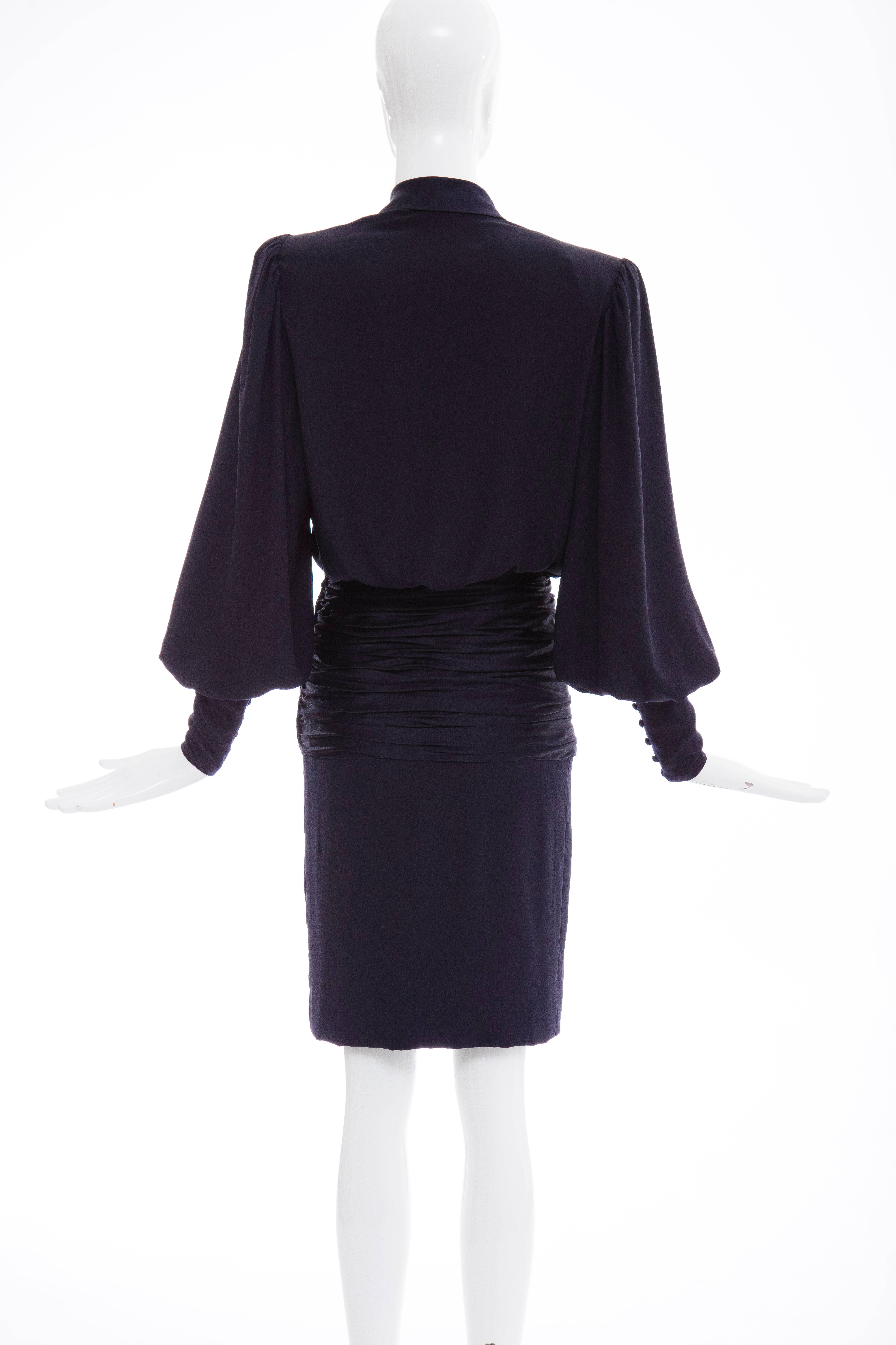 Women's Jean - Louis Scherrer Haute Couture Navy Silk Crepe & Satin Dress, Circa 1980's For Sale