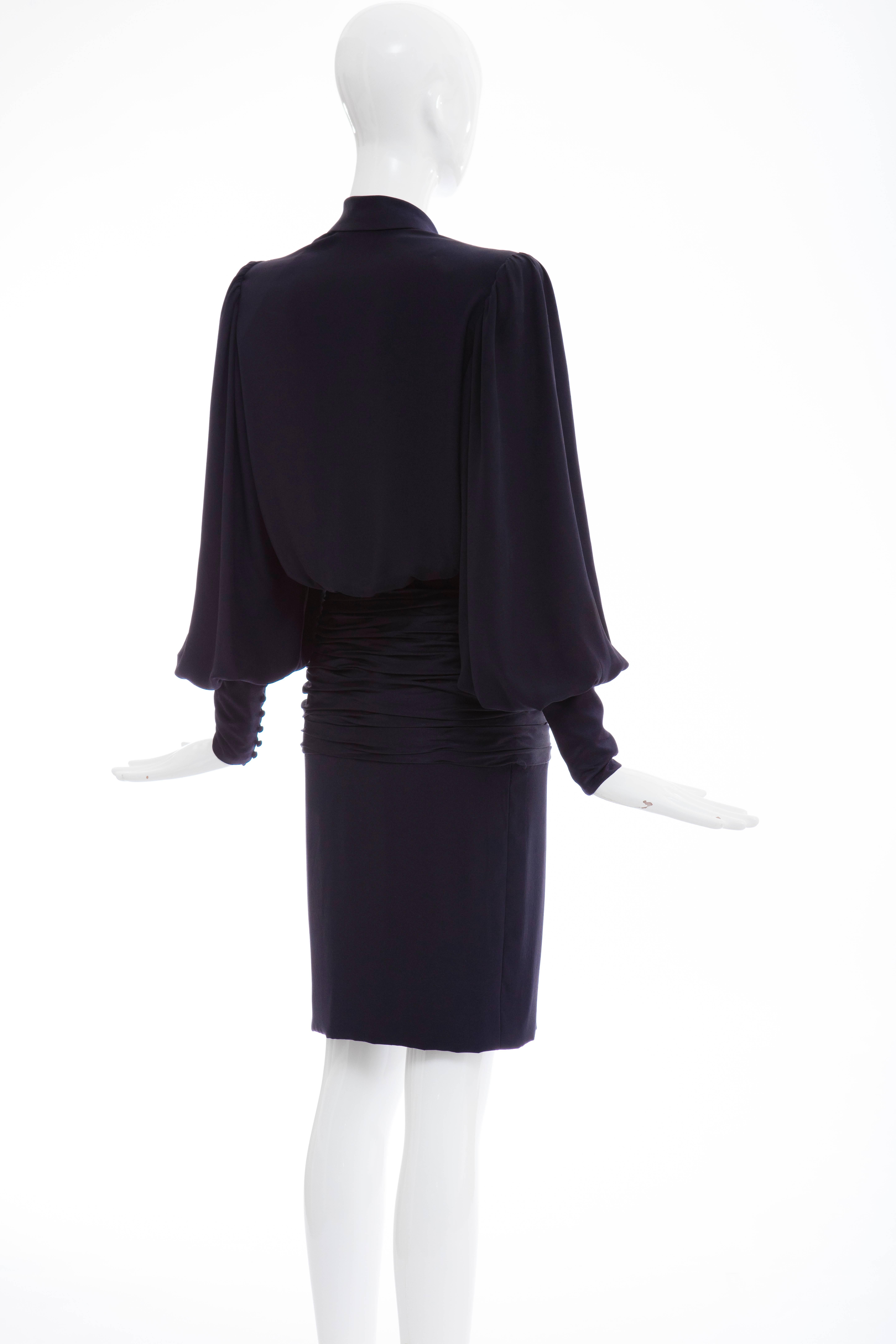 Jean - Louis Scherrer Haute Couture Navy Silk Crepe & Satin Dress, Circa 1980's For Sale 3