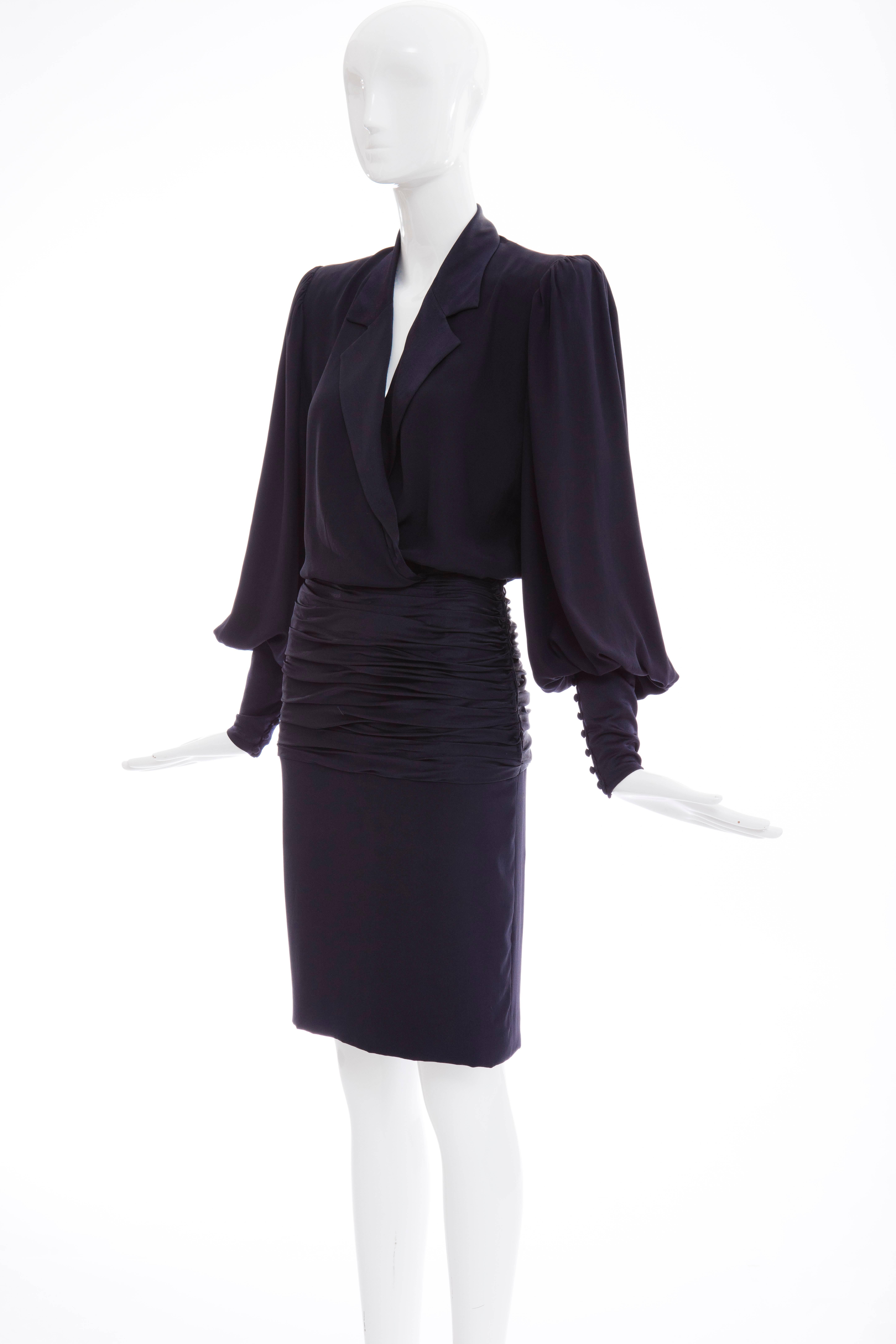 Jean - Louis Scherrer Haute Couture Navy Silk Crepe & Satin Dress, Circa 1980's For Sale 4