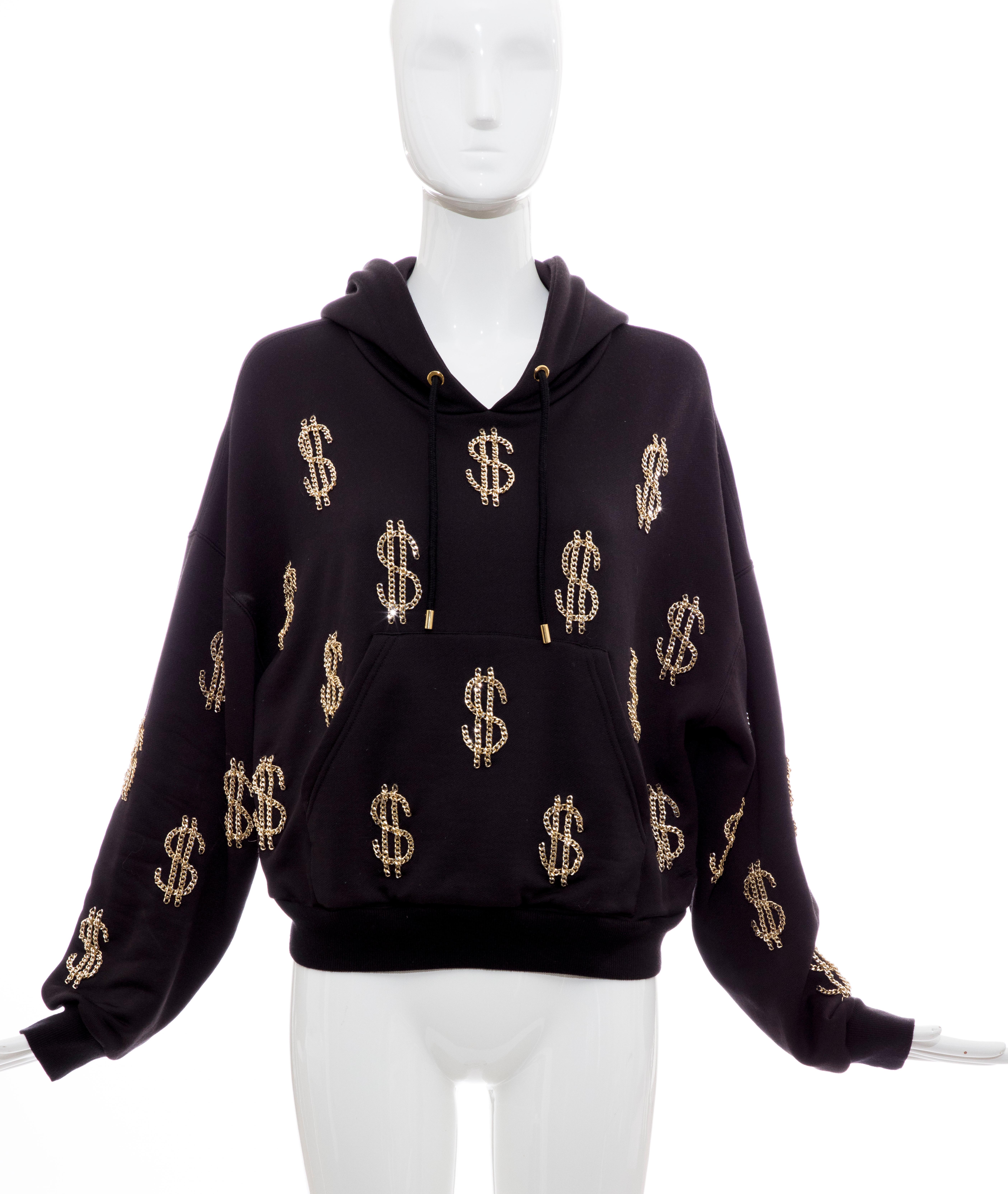 Moschino Couture hoodie with gold-tone chain-link dollar sign appliques throughout, pouch pocket at front and draw string at hood.

Bust 46”, Waist 36”, Length 21”