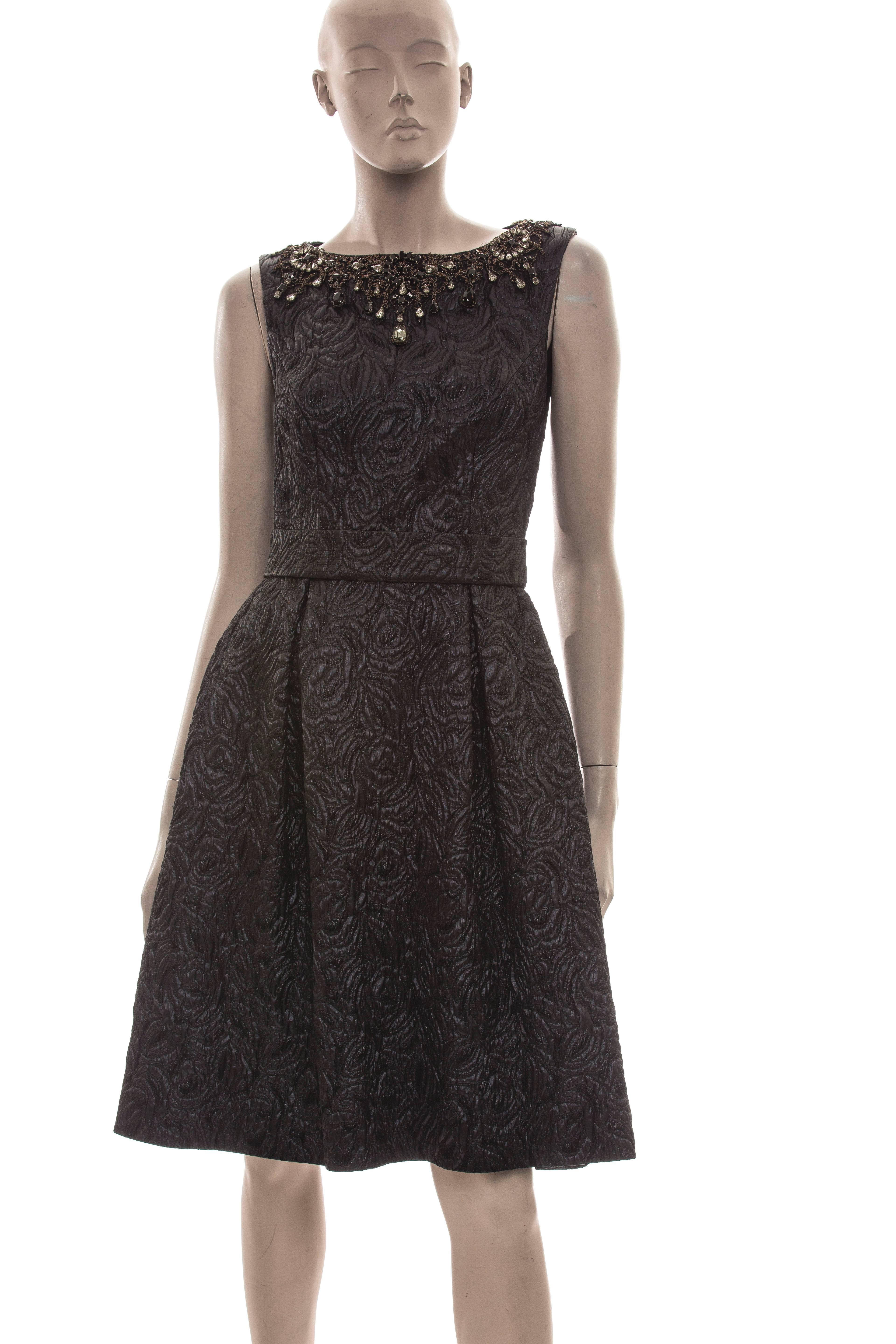 Monique Lhuillier black jacquard cocktail dress with incredible diamante front and back detail,black jacquard belt,back zipper and fully lined in silk.