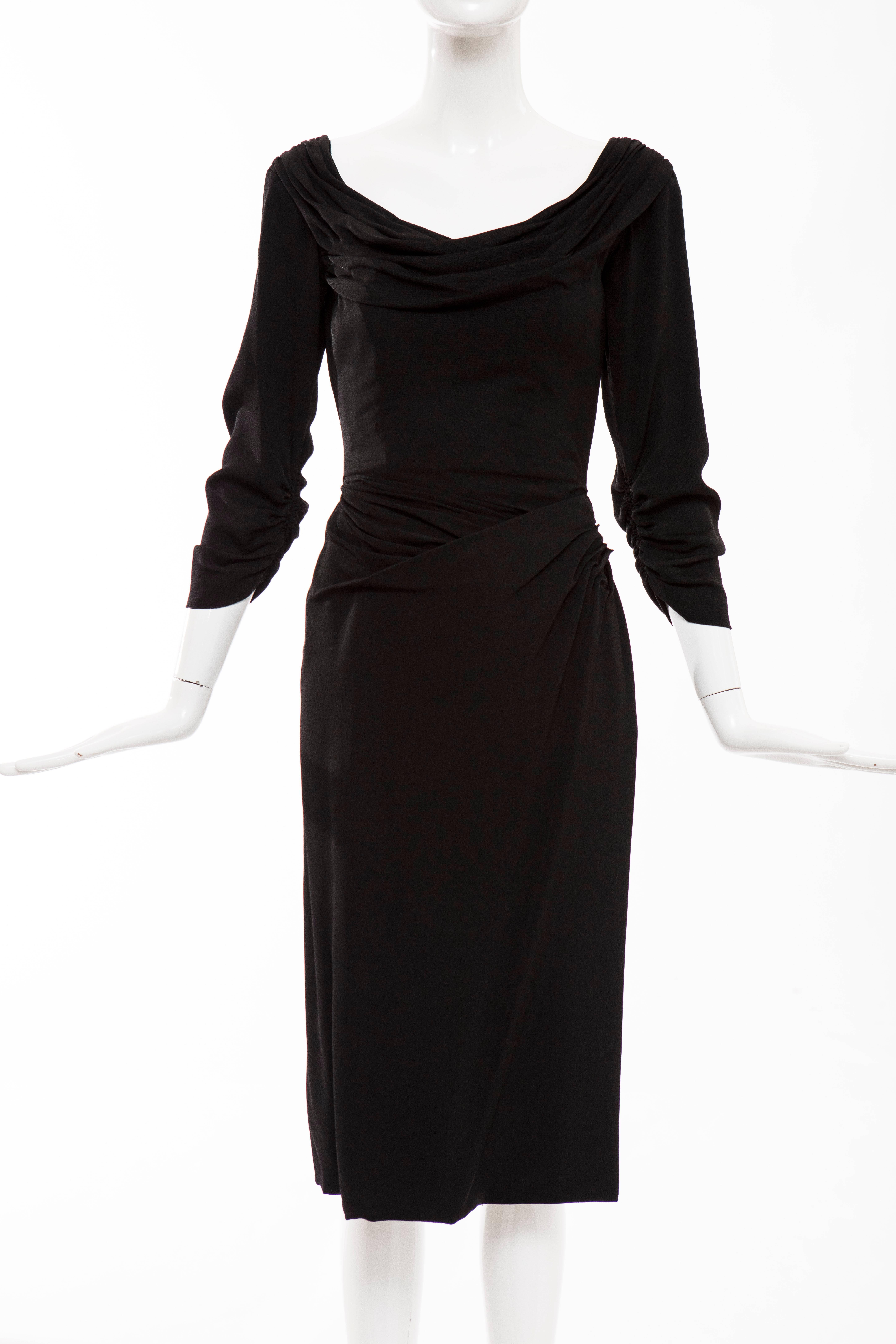 Ceil Chapman black dress with slight off the shoulder with ruched waist and back zipper.