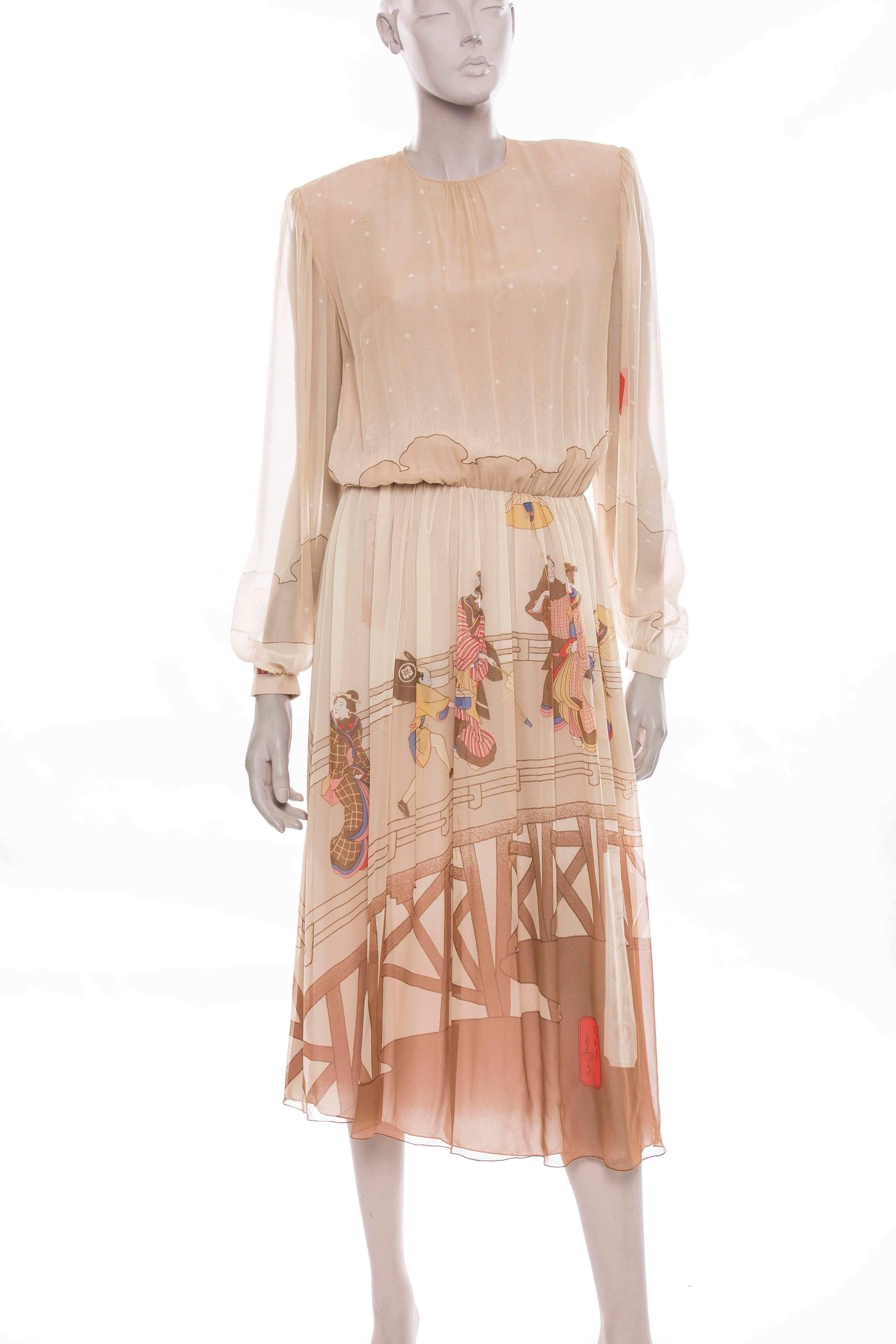 Hanae Mori silk chiffon long sleeve 1970's dress with printed Geisha's front and back,fully lined with back snaps.