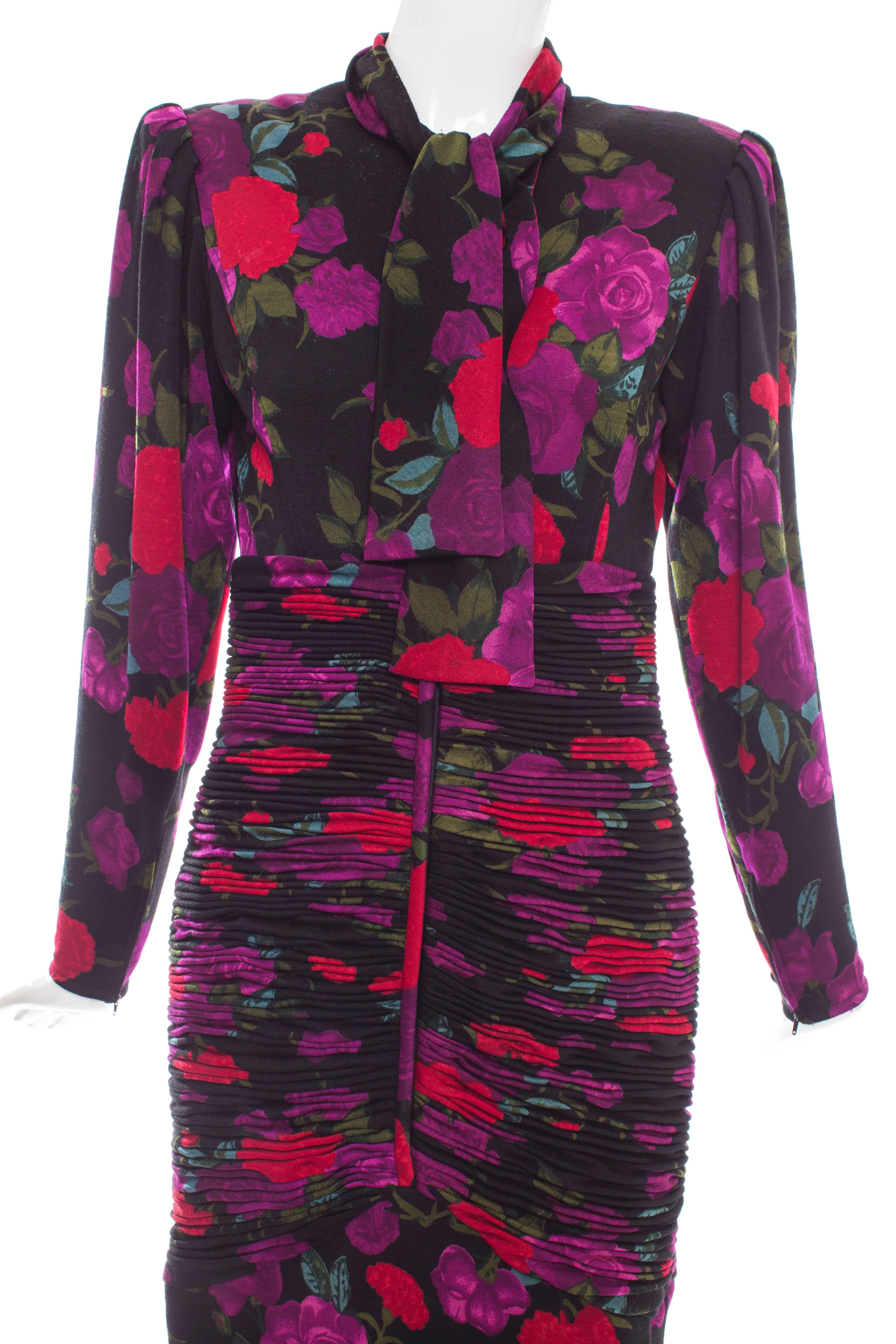 Women's Emanuel Ungaro Floral Wool Jersey Ruched Dress, Circa 1980's For Sale