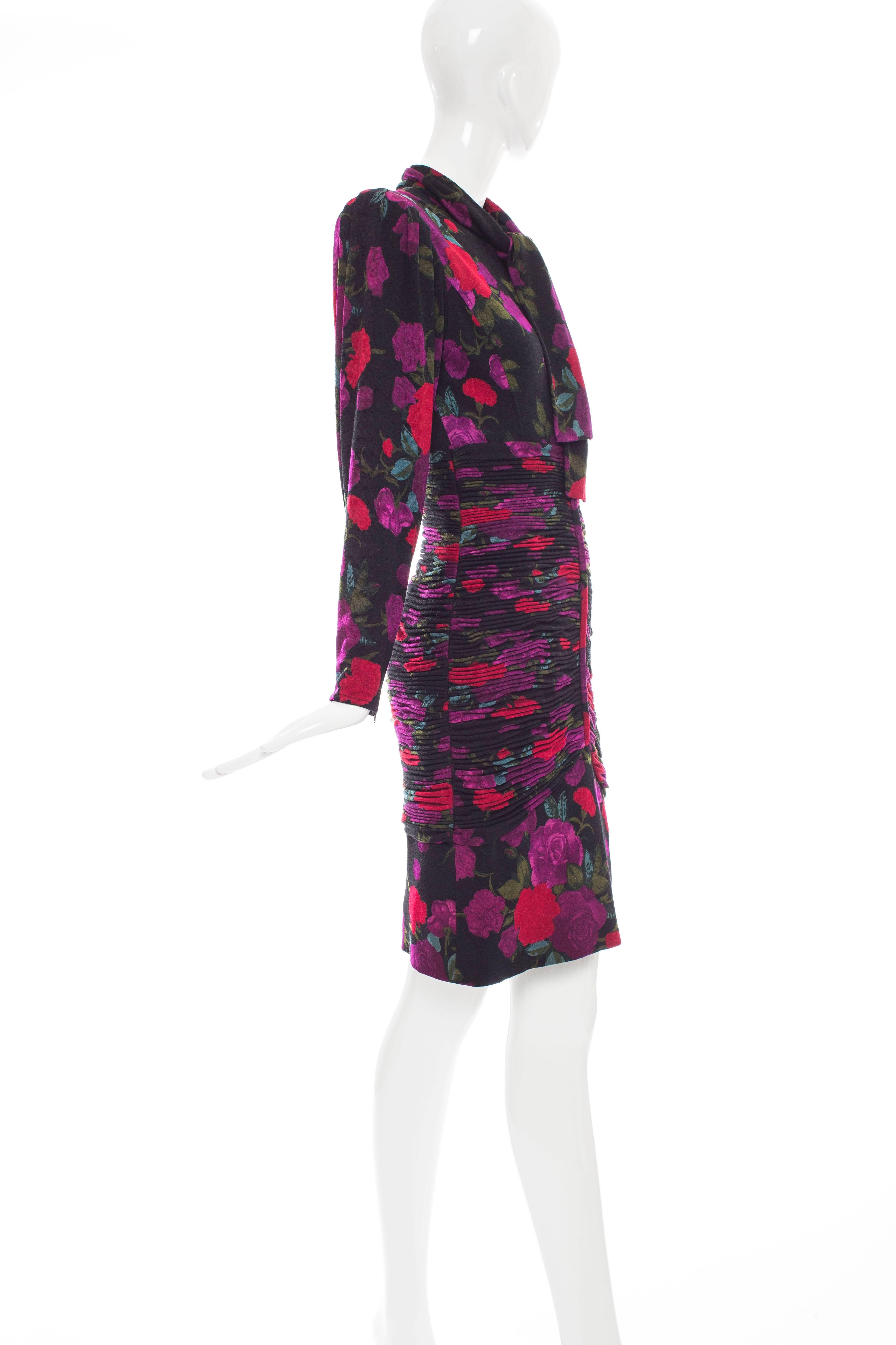 Emanuel Ungaro Floral Wool Jersey Ruched Dress, Circa 1980's For Sale 1