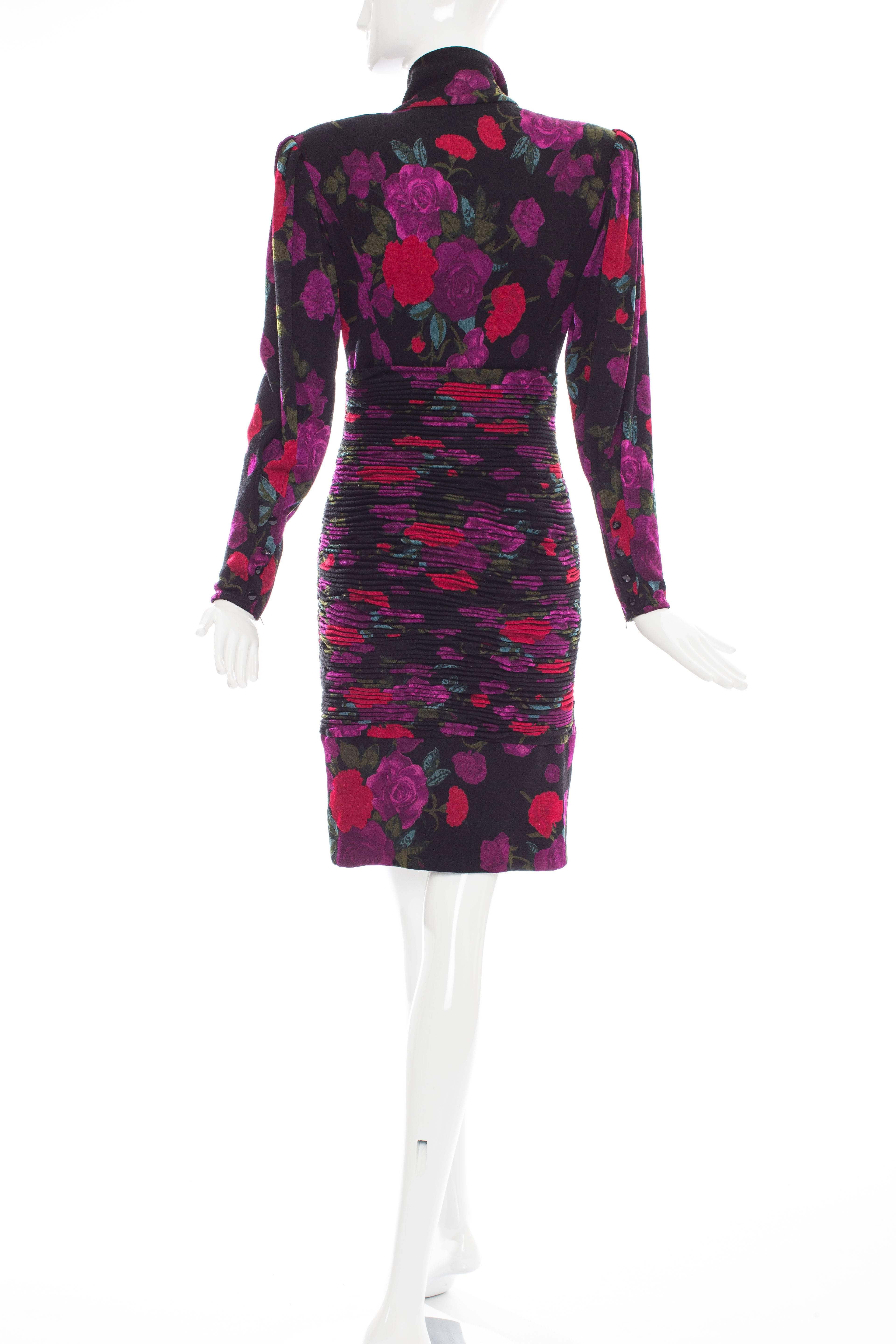 Emanuel Ungaro Floral Wool Jersey Ruched Dress, Circa 1980's In Excellent Condition For Sale In Cincinnati, OH