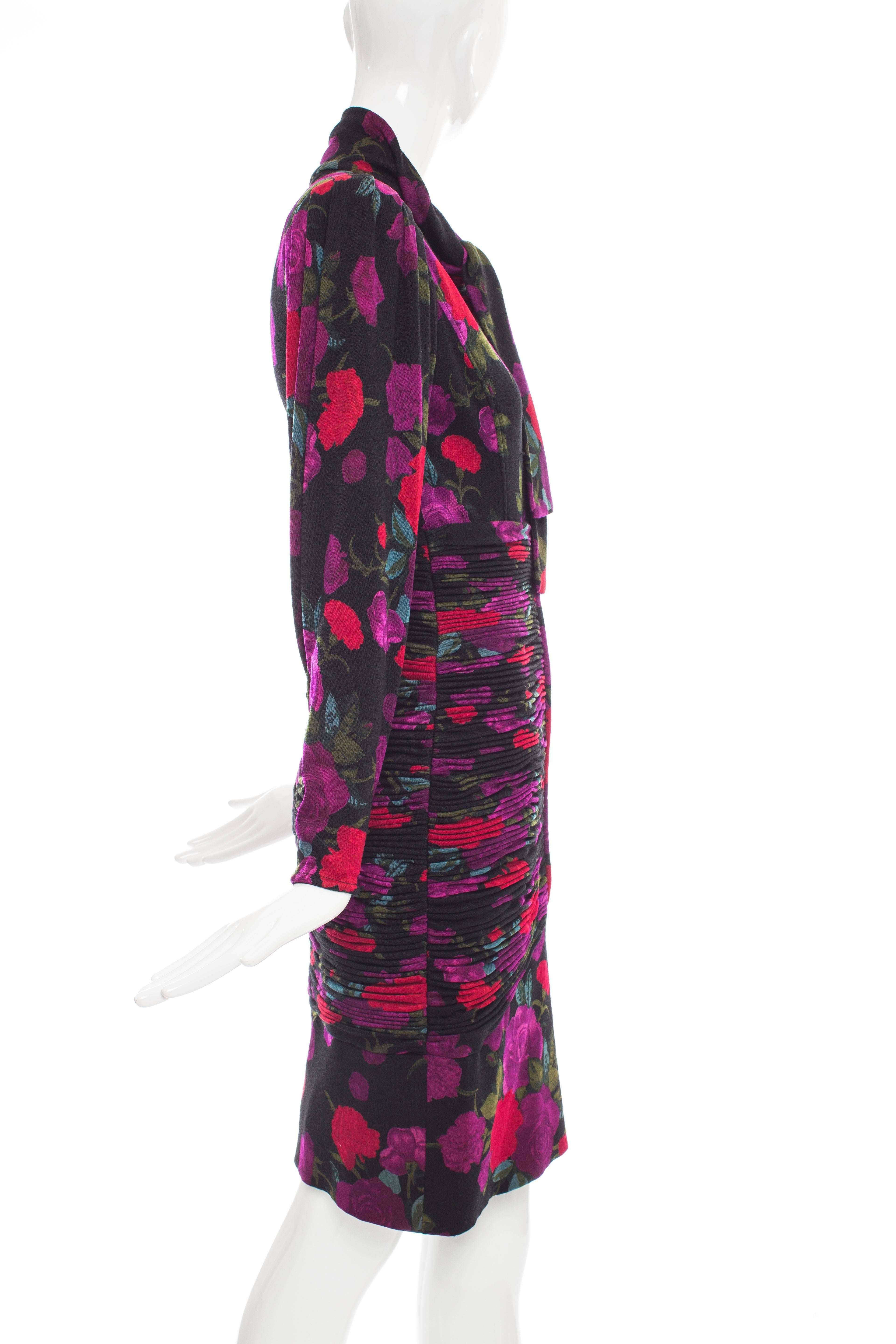 Black Emanuel Ungaro Floral Wool Jersey Ruched Dress, Circa 1980's For Sale