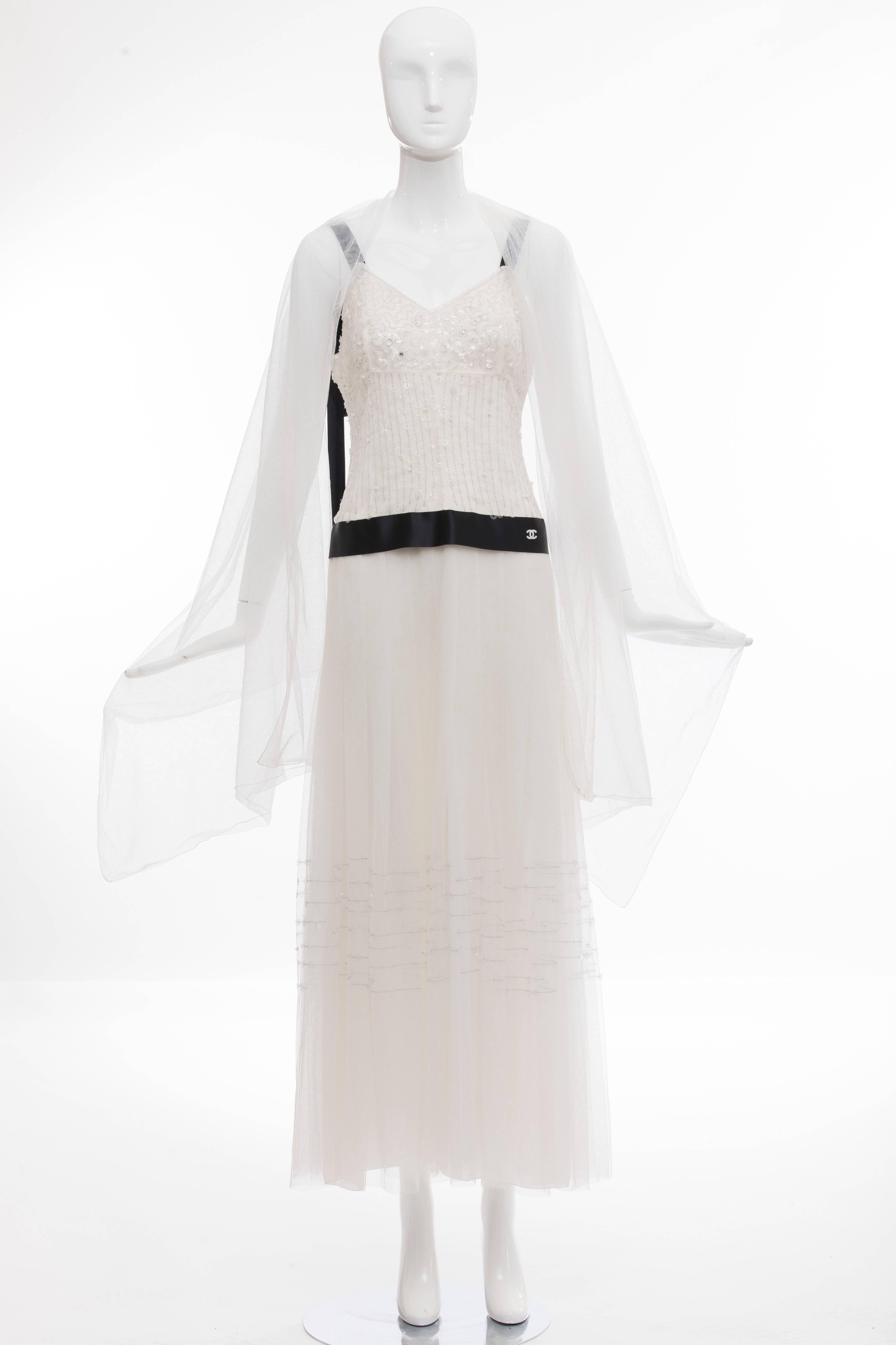 Gray Chanel White Nylon Mesh Sequins Pearls Black Satin Evening Dress, Cruise 2005