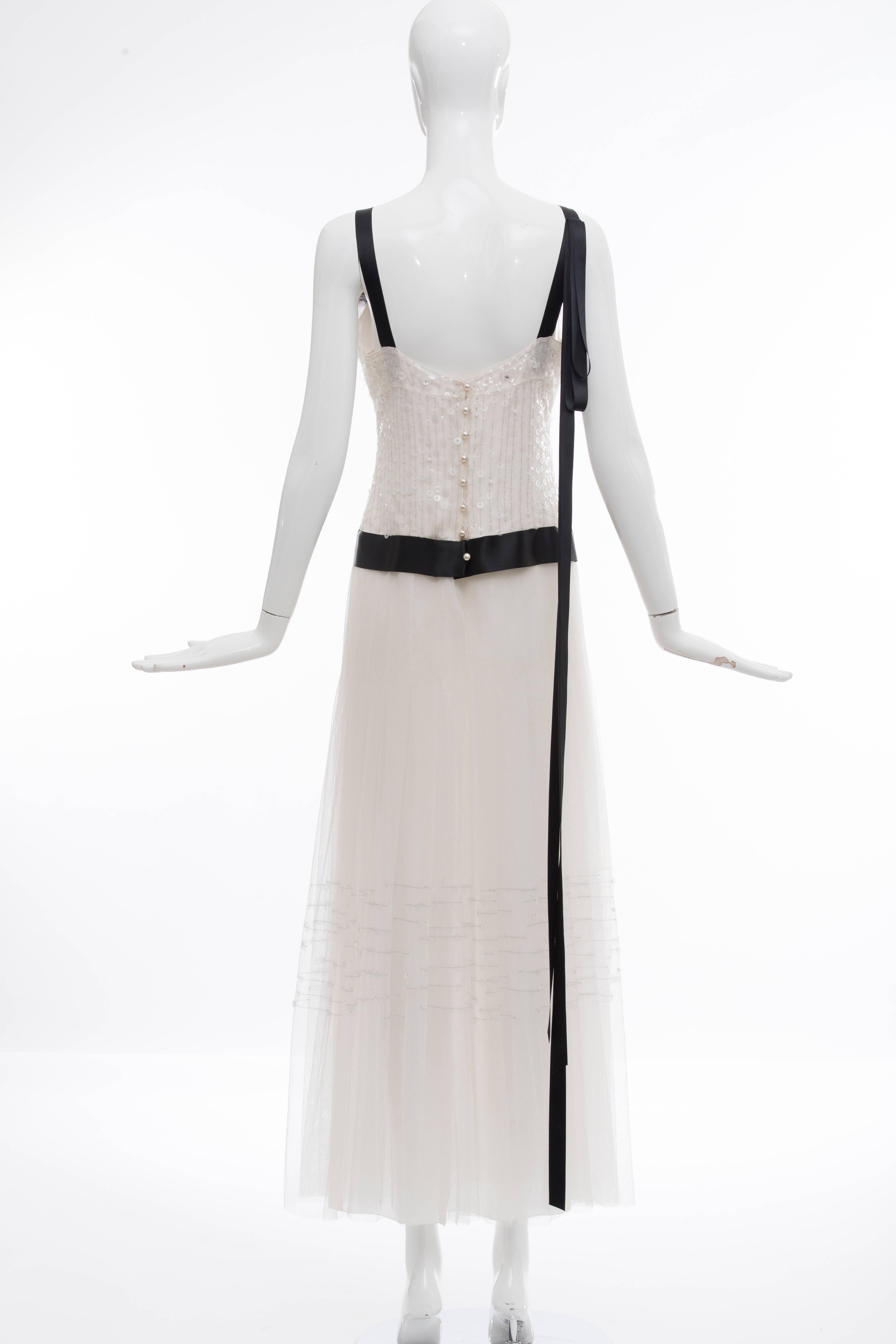 Women's Chanel White Nylon Mesh Sequins Pearls Black Satin Evening Dress, Cruise 2005