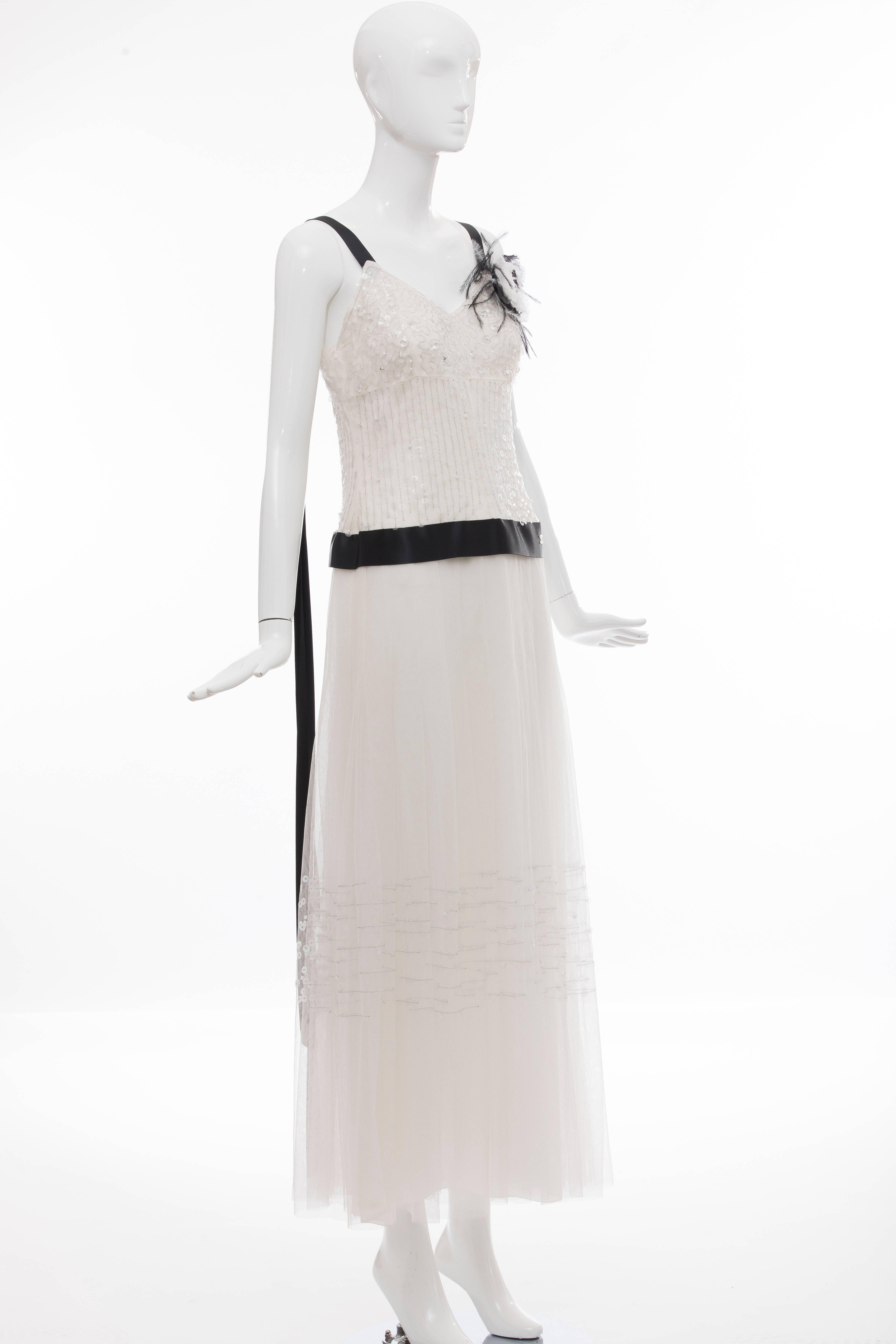 Chanel White Nylon Mesh Sequins Pearls Black Satin Evening Dress, Cruise 2005 1