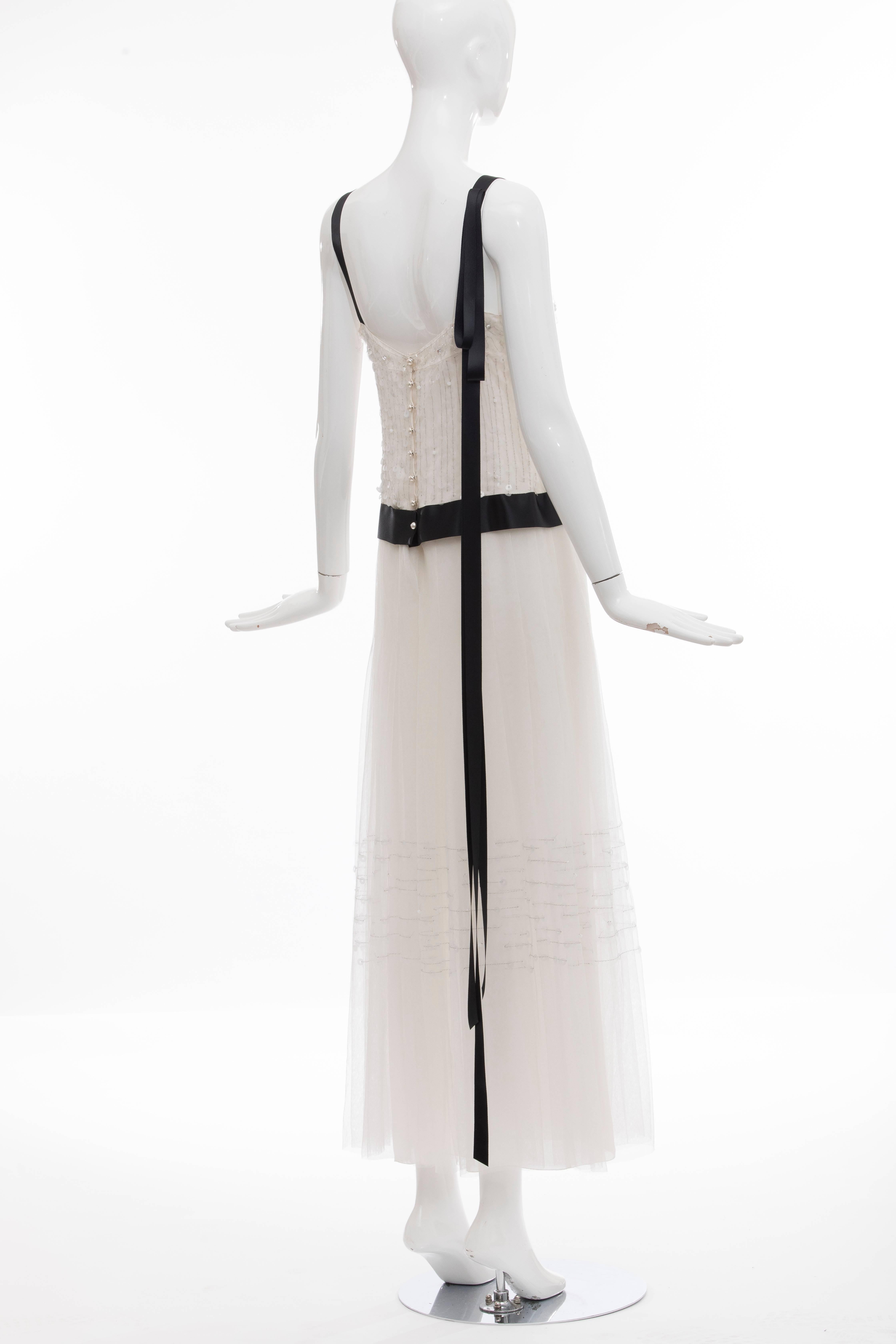 Chanel White Nylon Mesh Sequins Pearls Black Satin Evening Dress, Cruise 2005 3