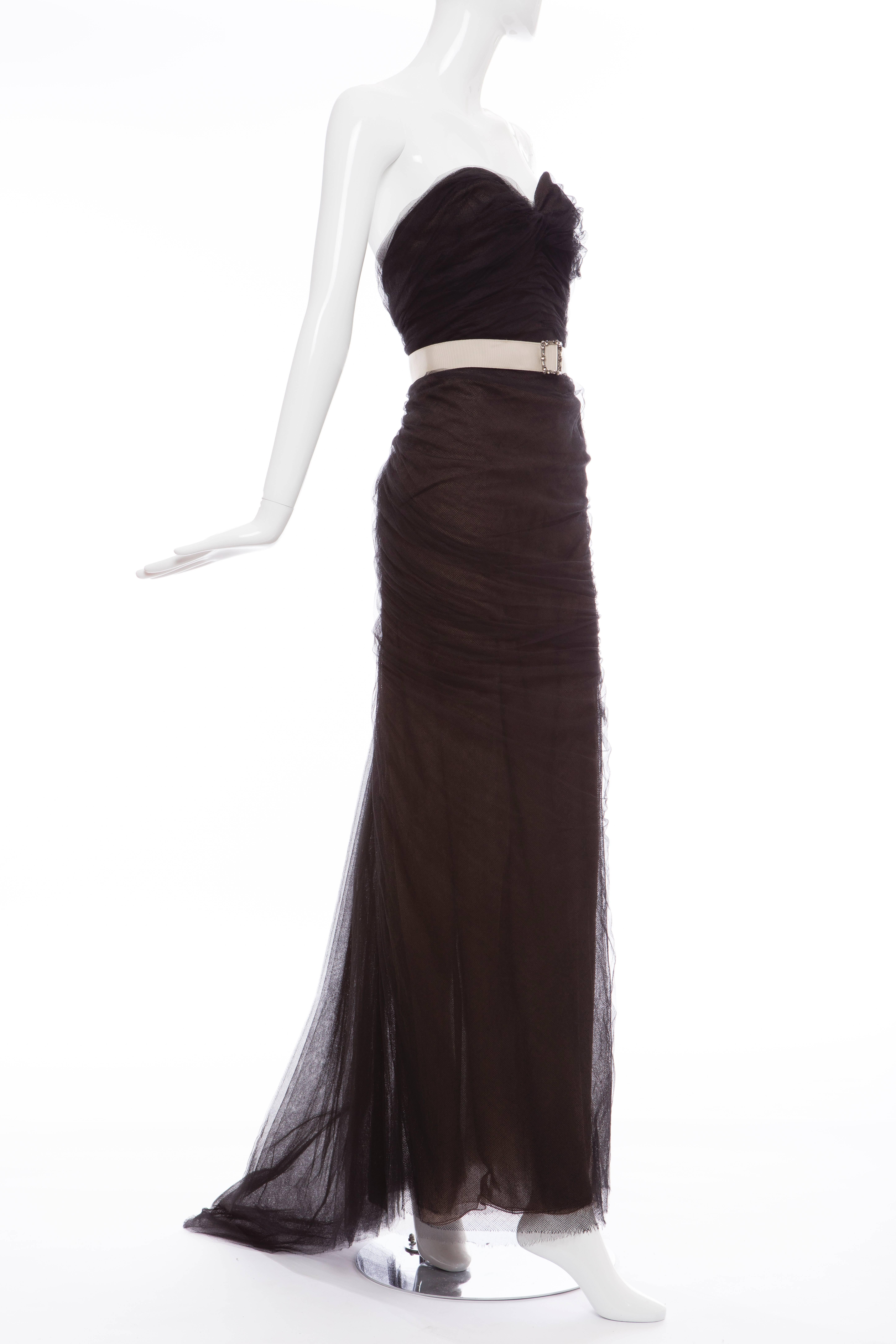 Lanvin by Alber Elbaz, Autumn-Winter 2006, black tulle evening dress with sweetheart bustier, grosgrain belt with embellished buckle at waist, reinforced bust and back zip closure.

Bust 32”, Waist 30
