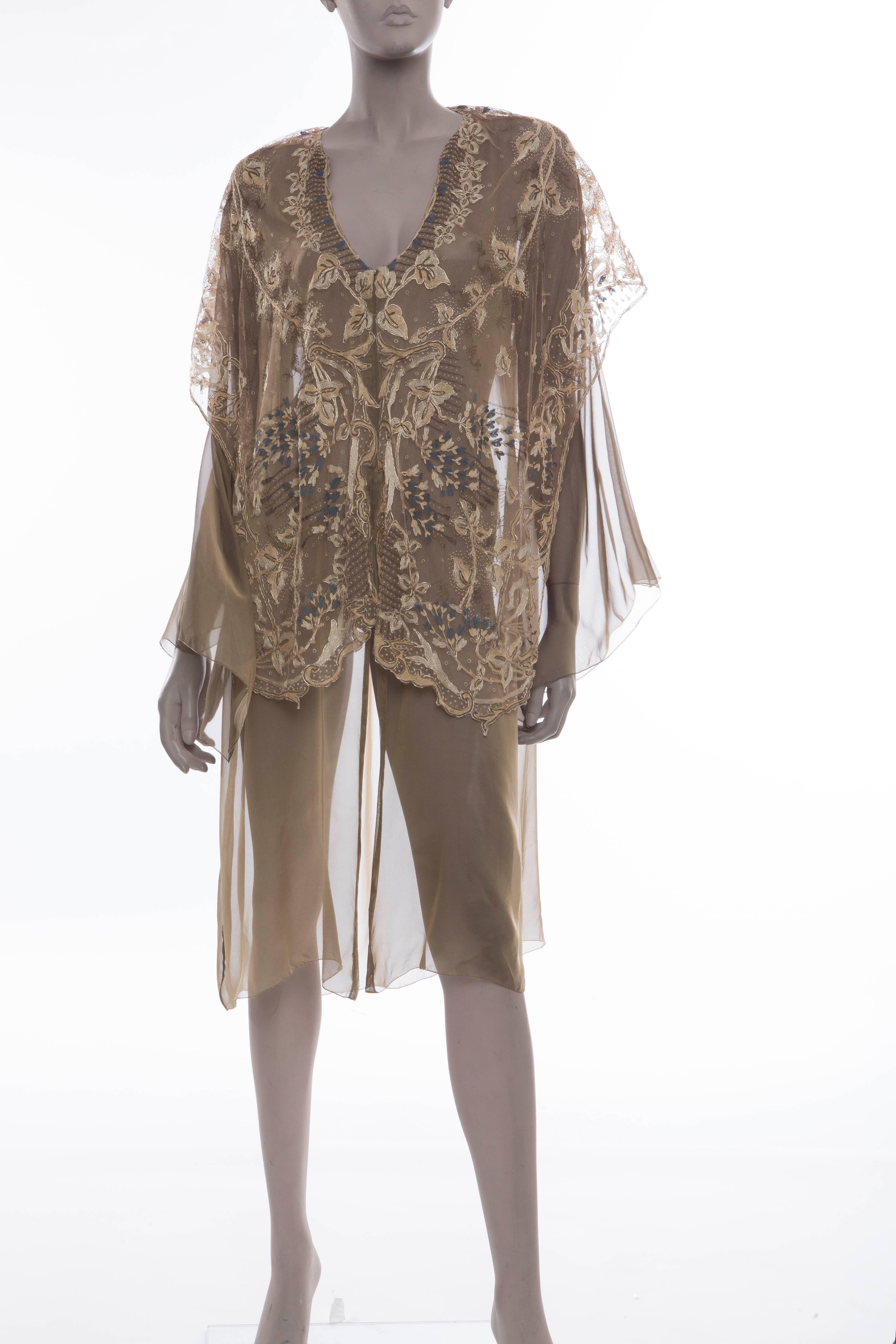 Circa 1930's, silk chiffon, jacket with floral lace collar with hook and eye closure and angel sleeves.