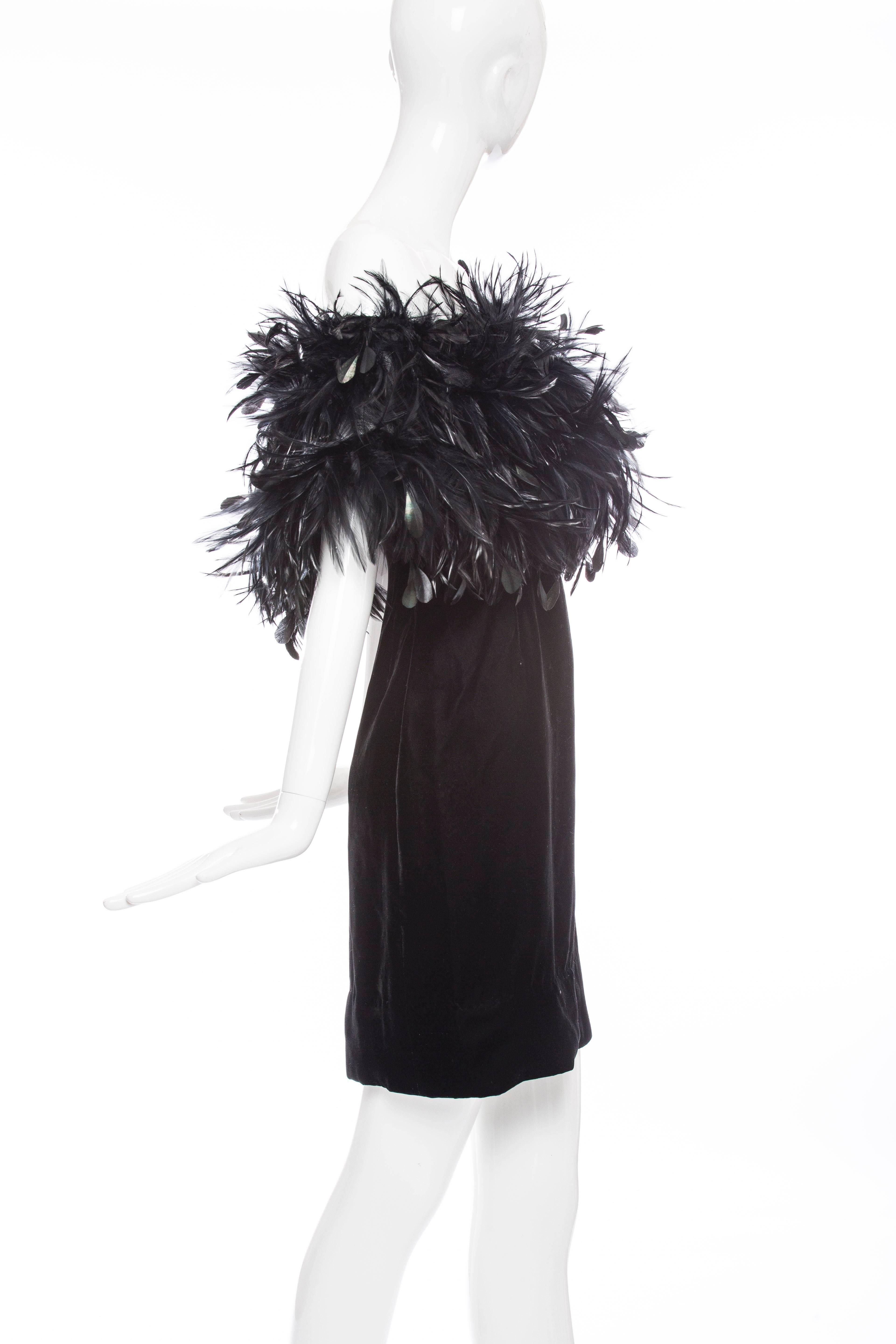 Givenchy Haute Couture, Circa 1980's, off the shoulder, black silk velvet dress with Maison Lemarié feathers, built in brasserie and side zip.