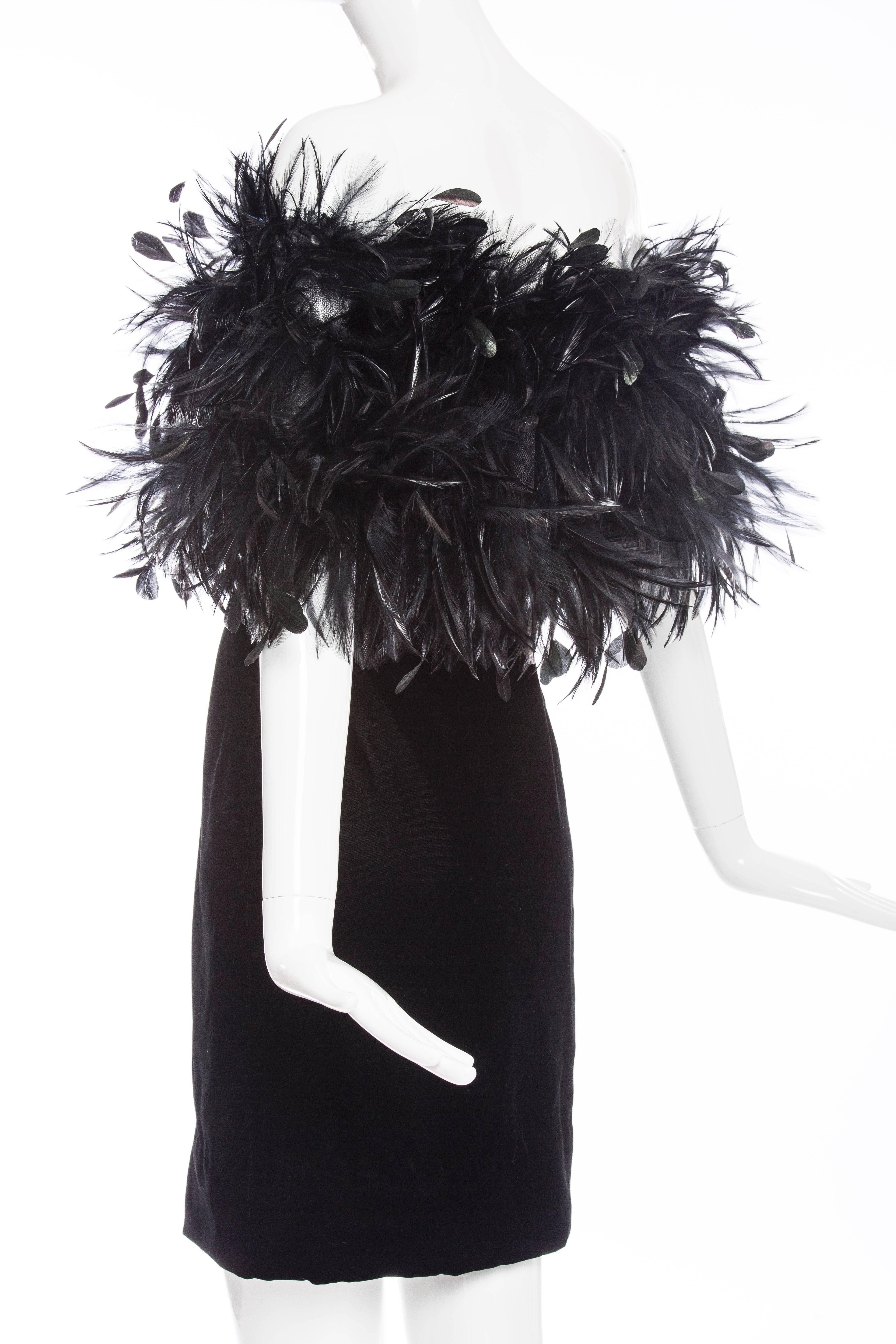 Black Givenchy Haute Couture Velvet Dress With Maison Lemarié Feathers, Circa 1980's