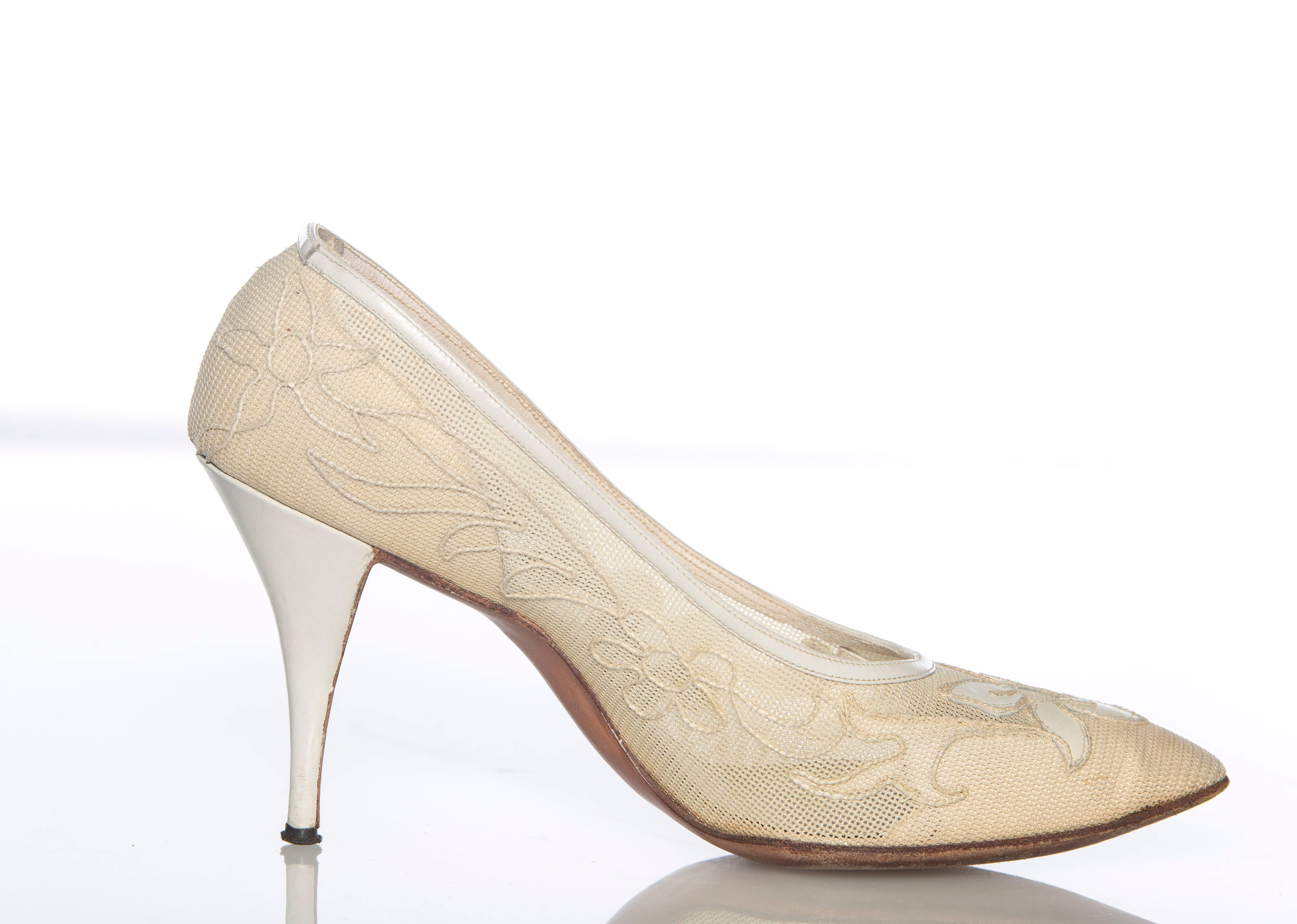 Roger Vivier for Christian Dior, Circa 1950's, cream linen pumps with leather heel and trim and shoe box.