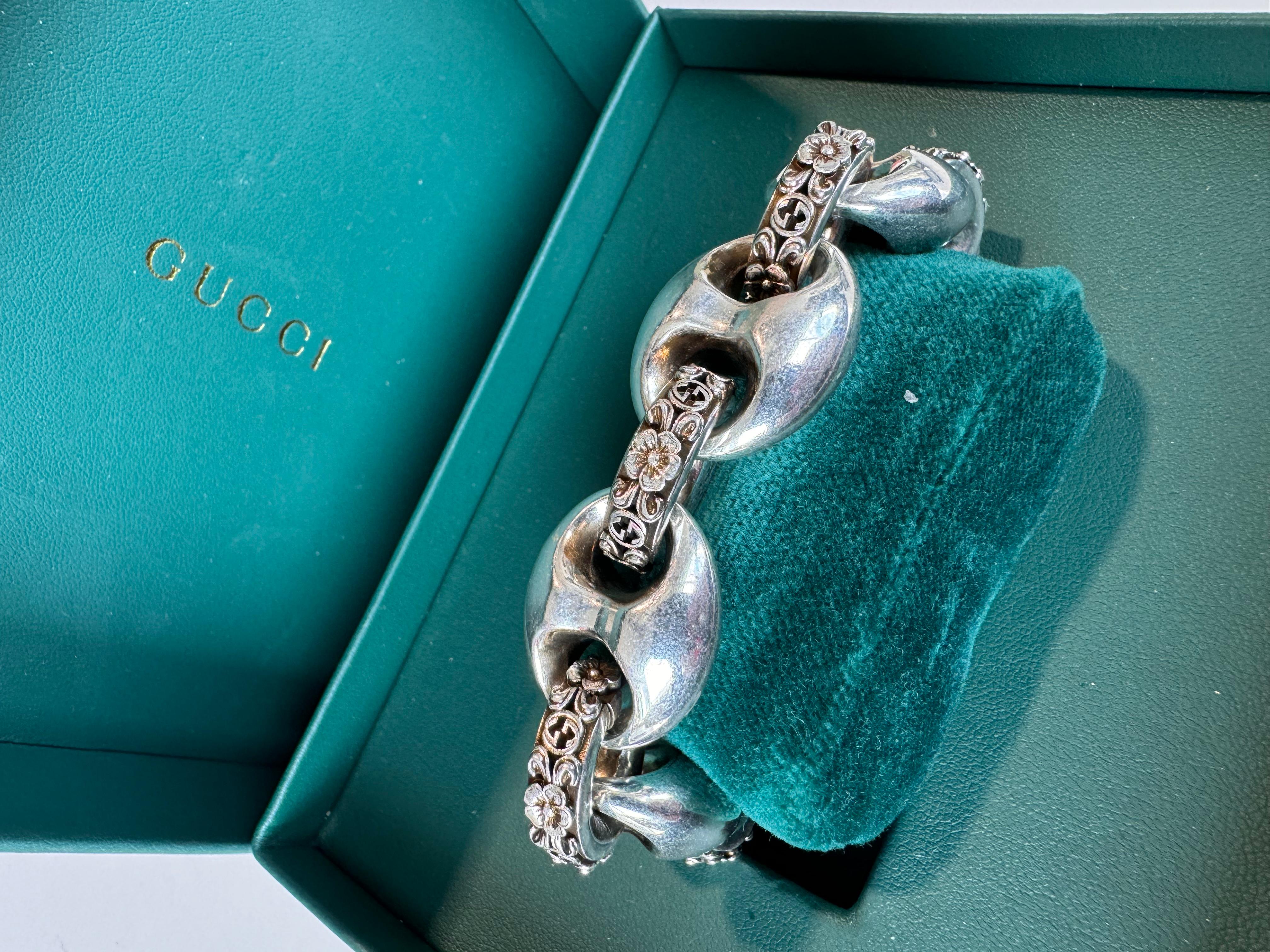 Art Deco Gucci Sterling Silver Interlocking G Marina Chain Bracelet For Sale