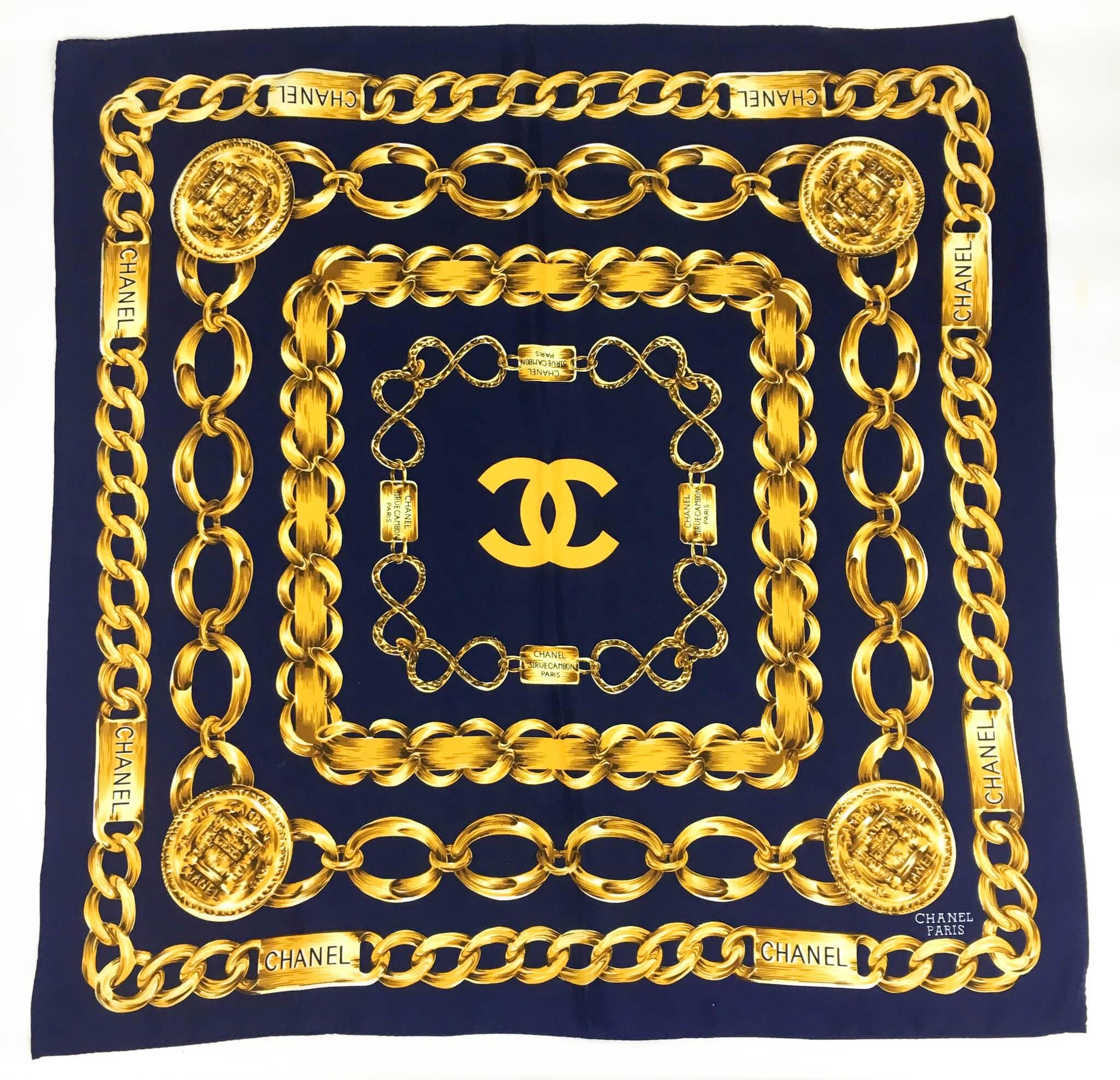 Chanel 'Chains' Navy Blue and Golden Scarf - 1990s