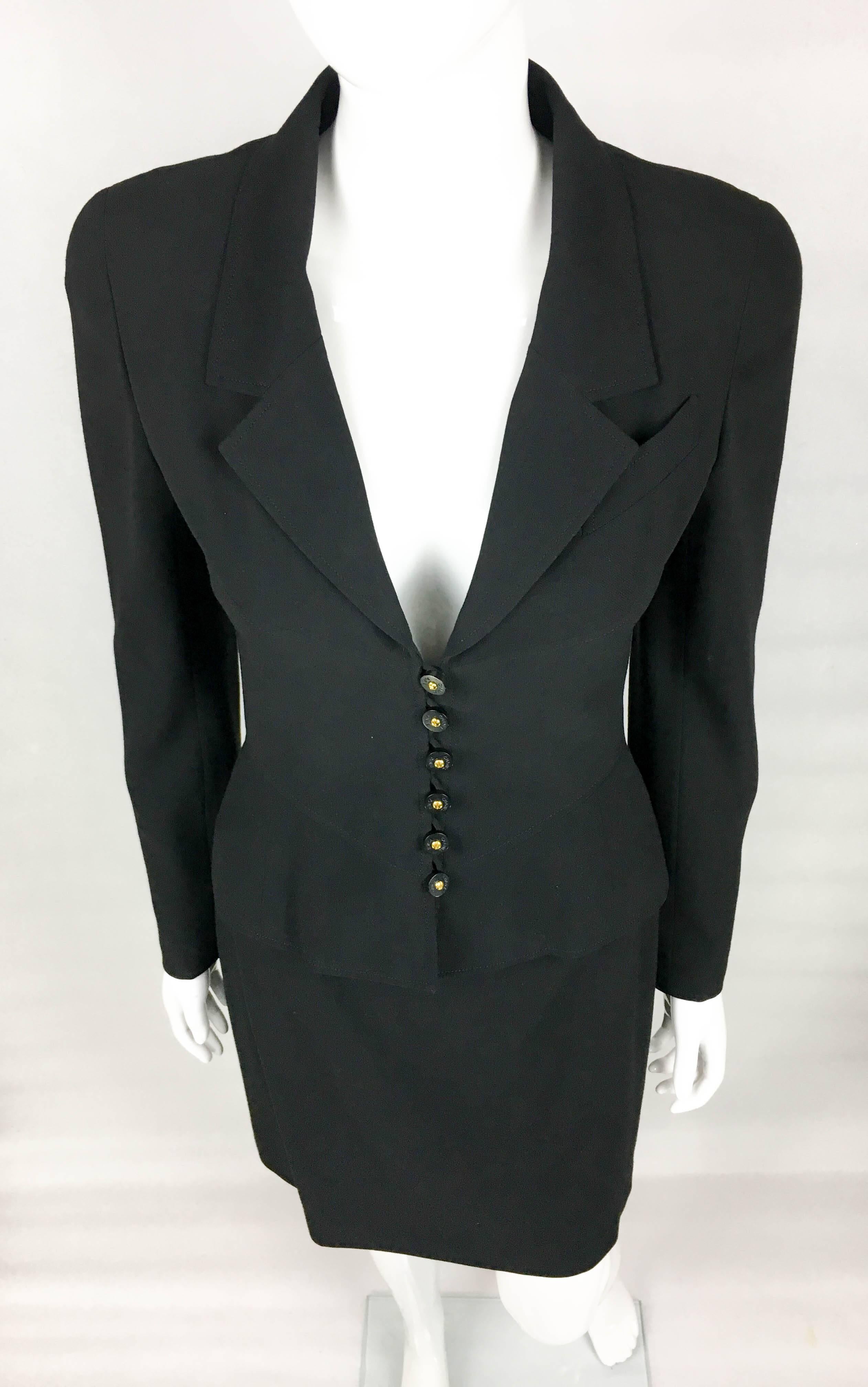 Women's 1997 Chanel Black Wool Skirt Suit For Sale