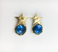 1980's Yves Saint Laurent Blue Resin and Gold-Plated Star Earrings