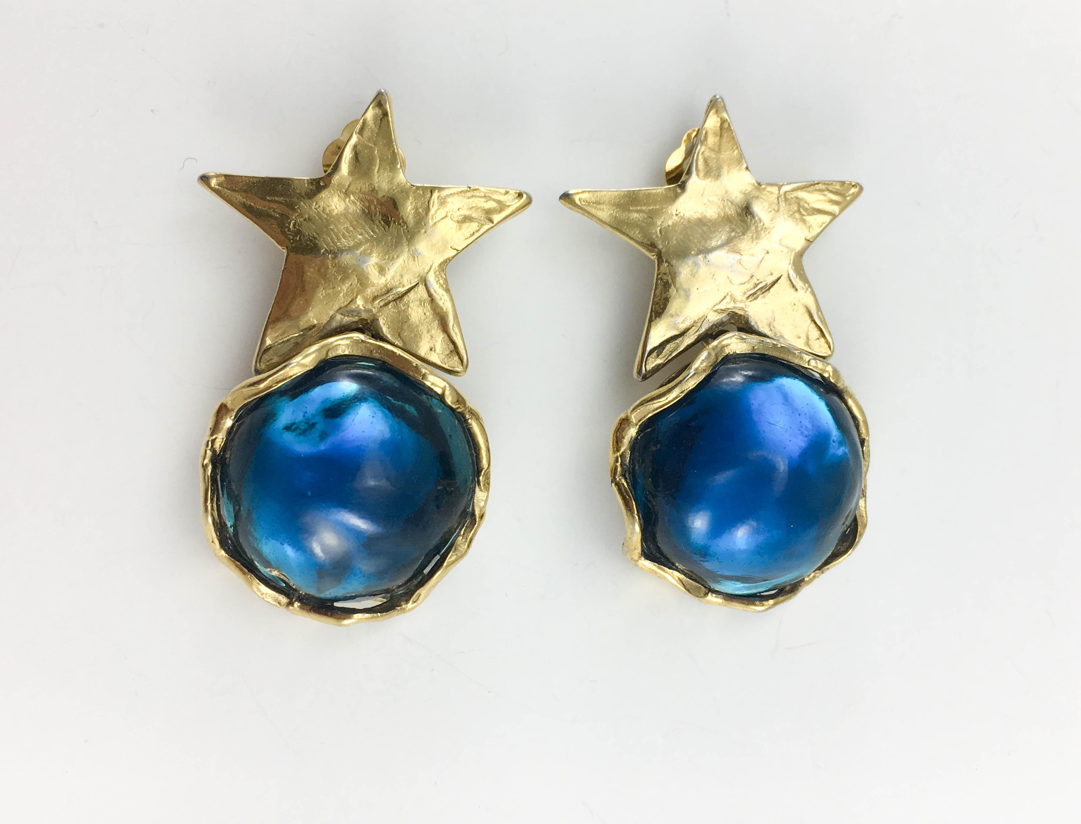 Women's 1980's Yves Saint Laurent Blue Resin and Gold-Plated Star Earrings For Sale