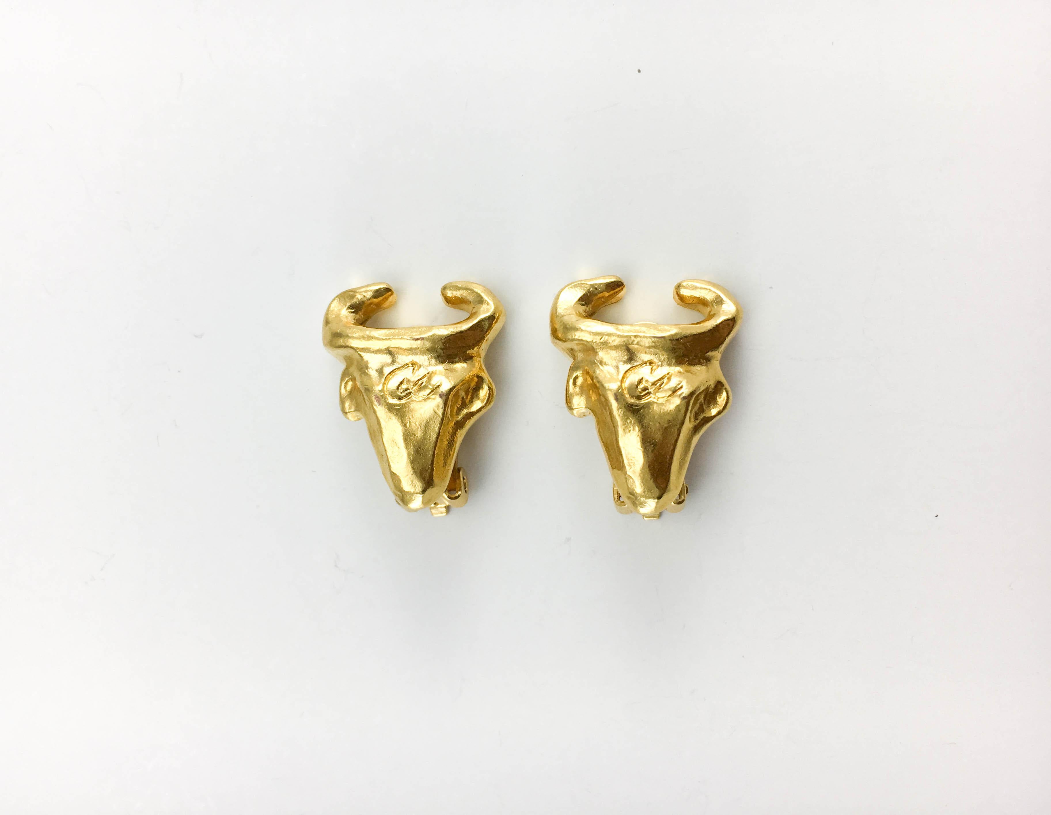 Women's 1990s Christian Lacroix Gold-Plated Bull Head Earrings For Sale