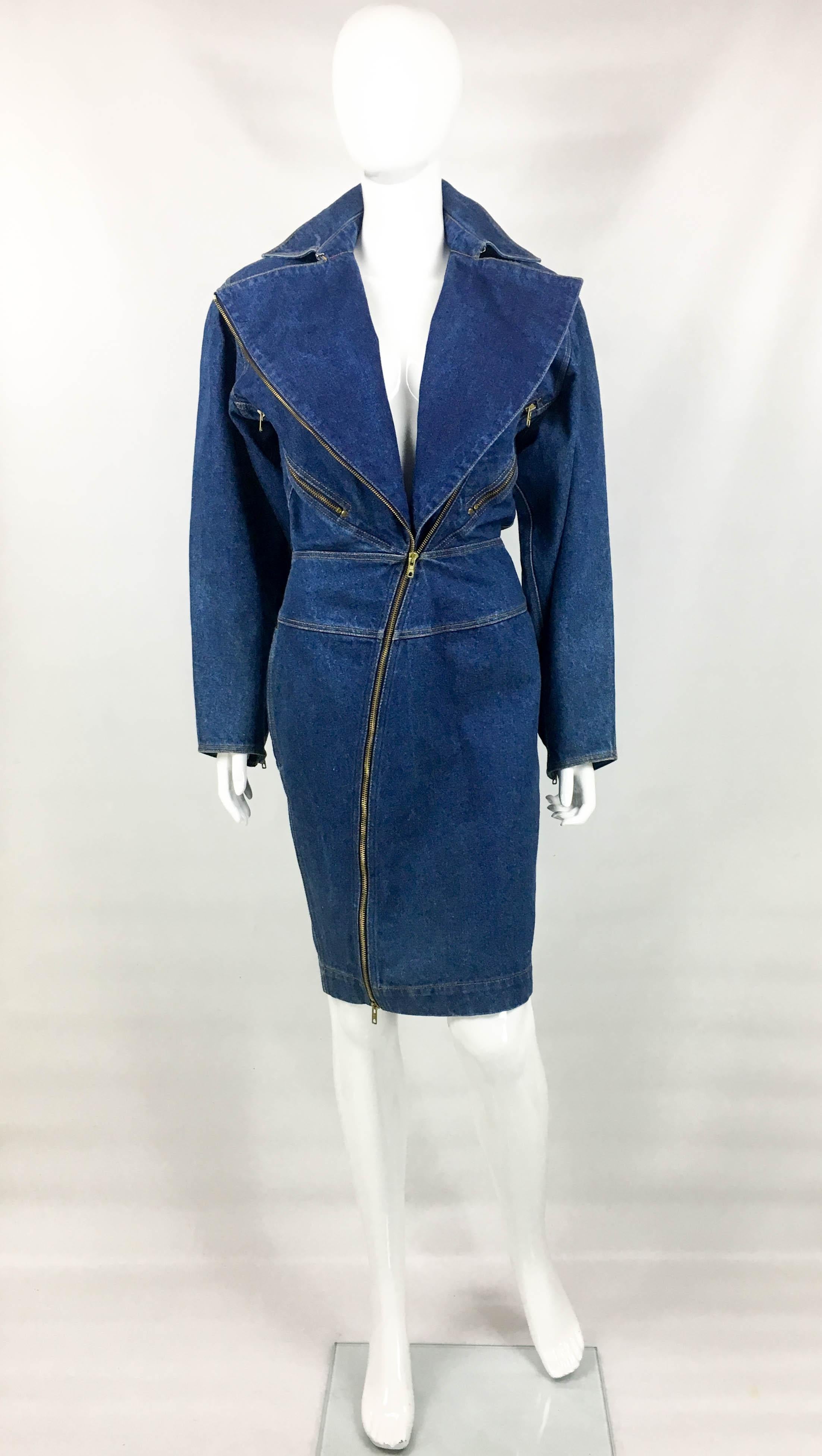 Women's Azzedine Alaia Blue Denim Zipper Dress, 1985  For Sale