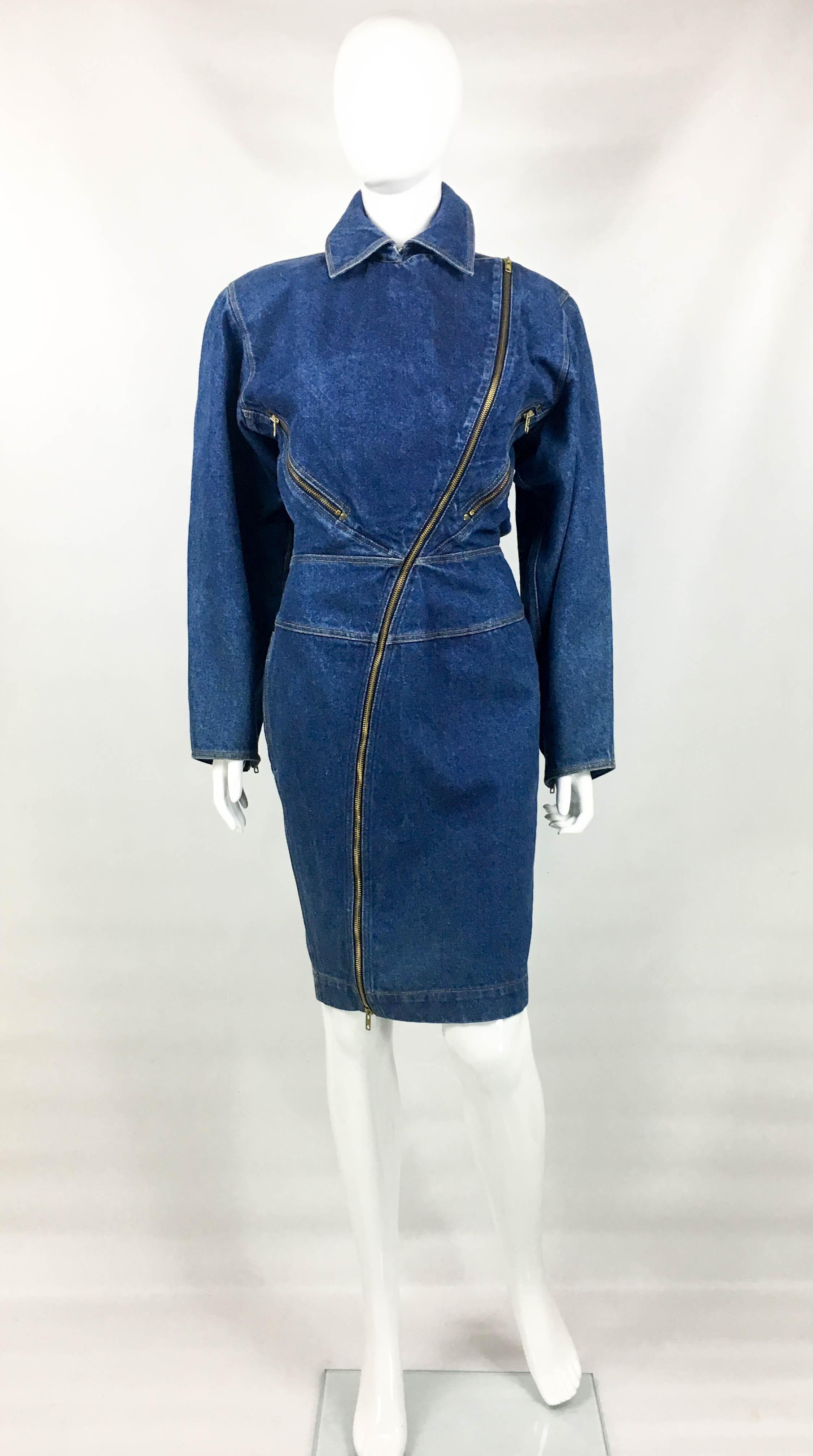 Azzedine Alaia Blue Denim Zipper Dress, 1985  For Sale 2