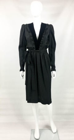 1980's Yves Saint Laurent Black Polka Dot Silk Dress With Ruffles and Velvet