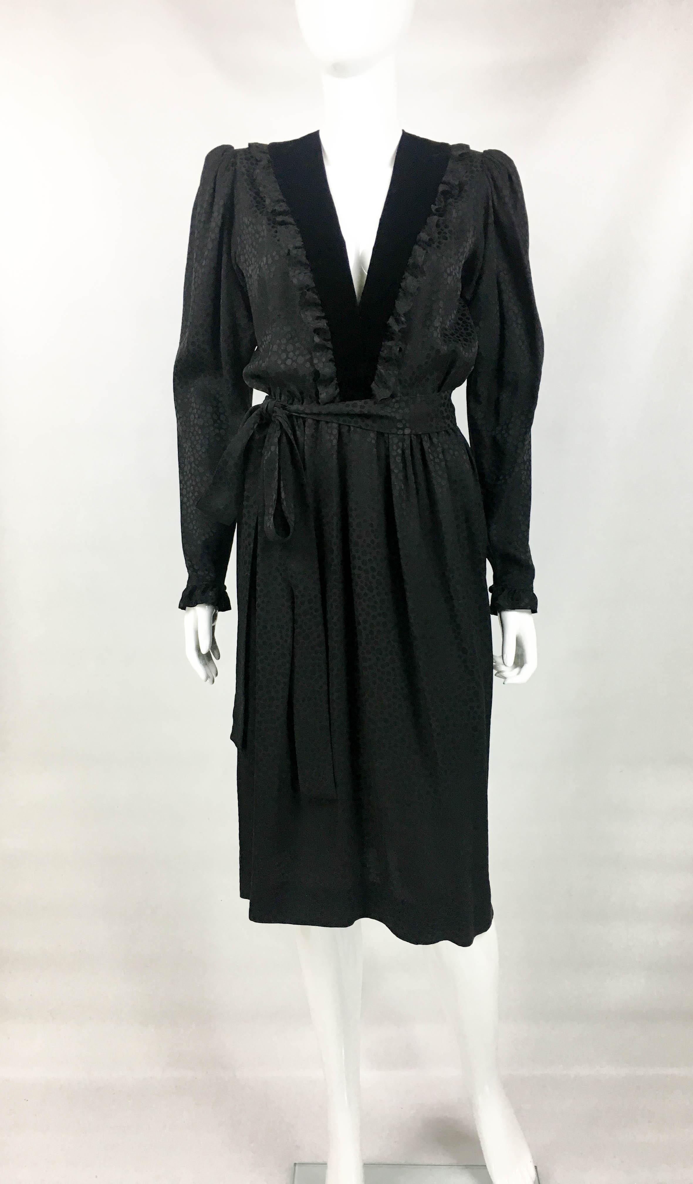 1980's Yves Saint Laurent Black Polka Dot Silk Dress With Ruffles and Velvet In Excellent Condition For Sale In London, Chelsea