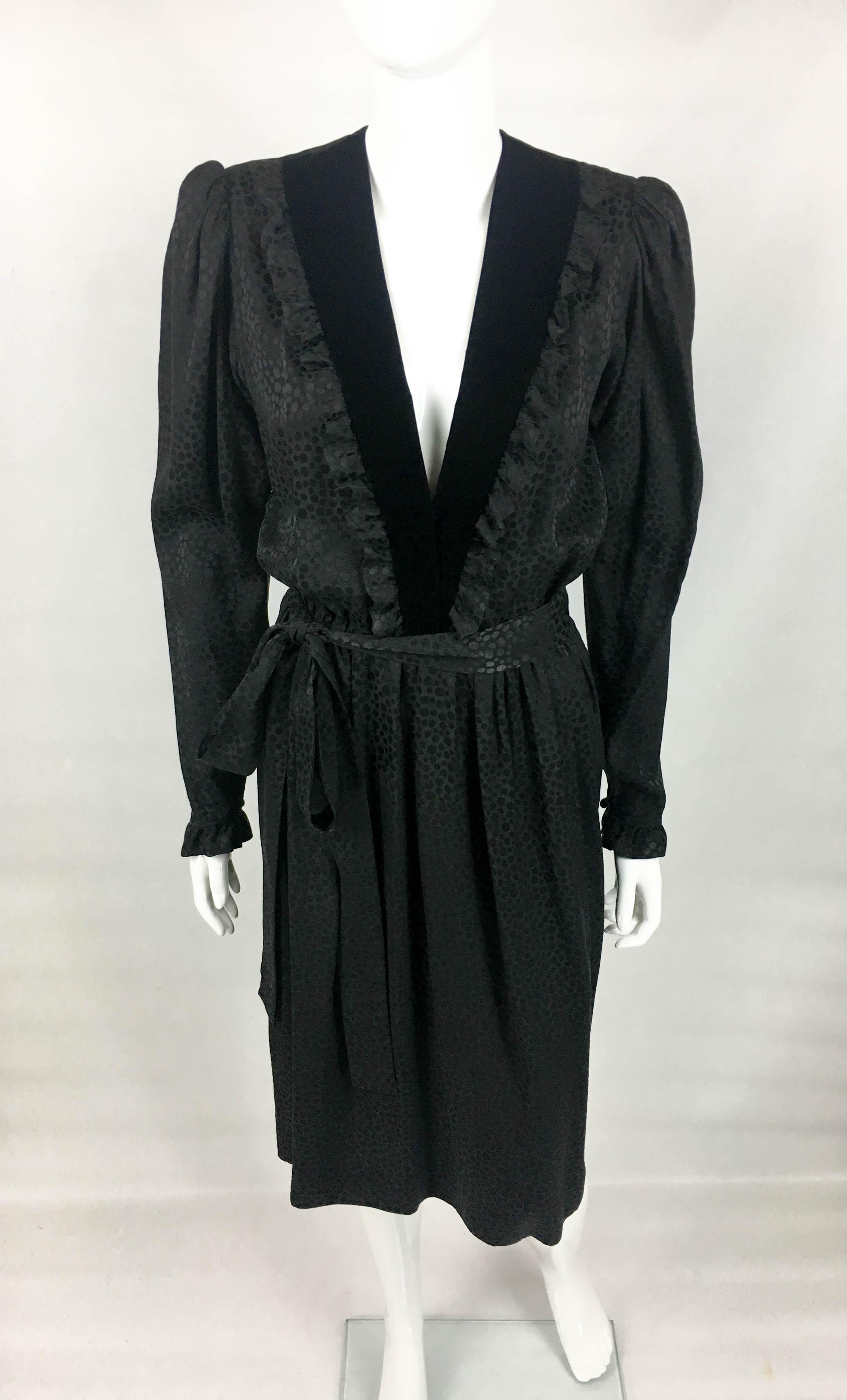 Women's 1980's Yves Saint Laurent Black Polka Dot Silk Dress With Ruffles and Velvet For Sale