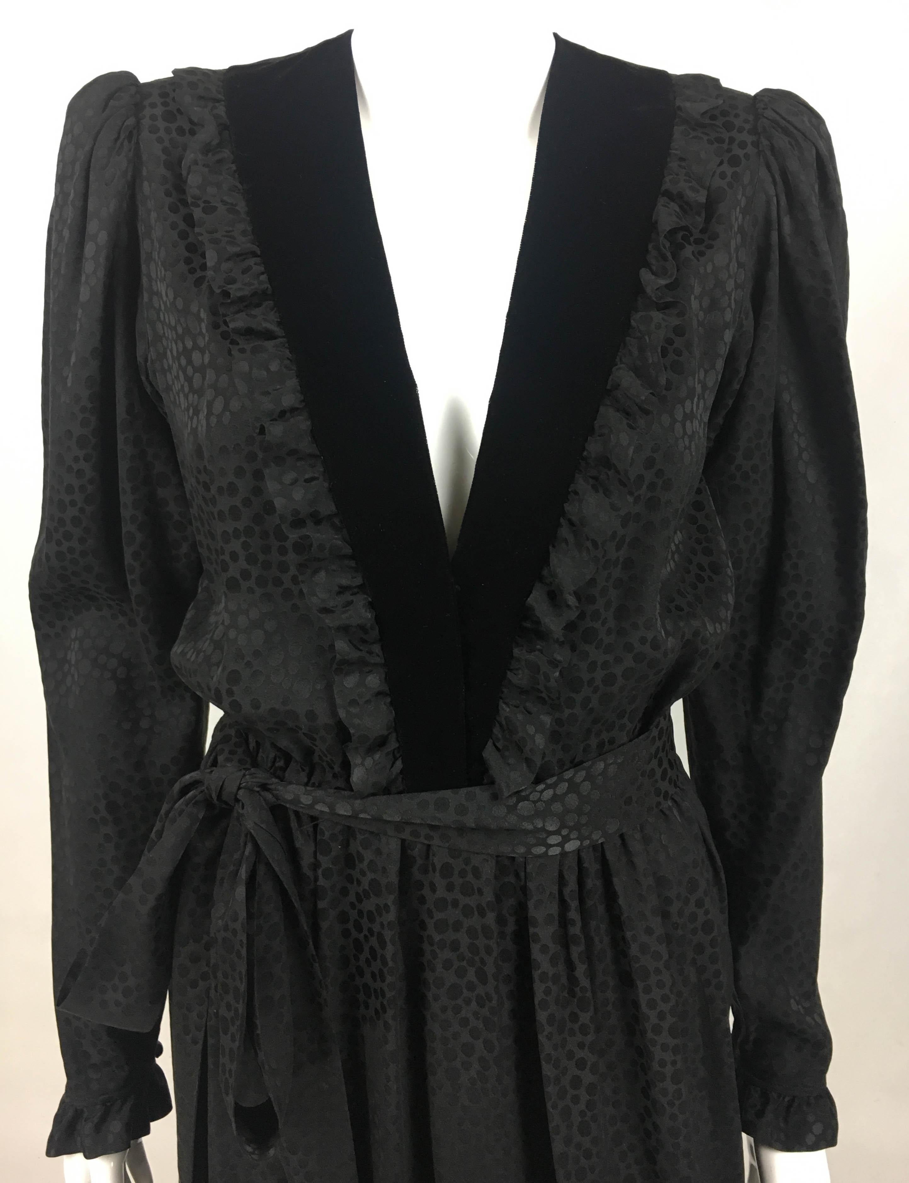 1980's Yves Saint Laurent Black Polka Dot Silk Dress With Ruffles and Velvet For Sale 5