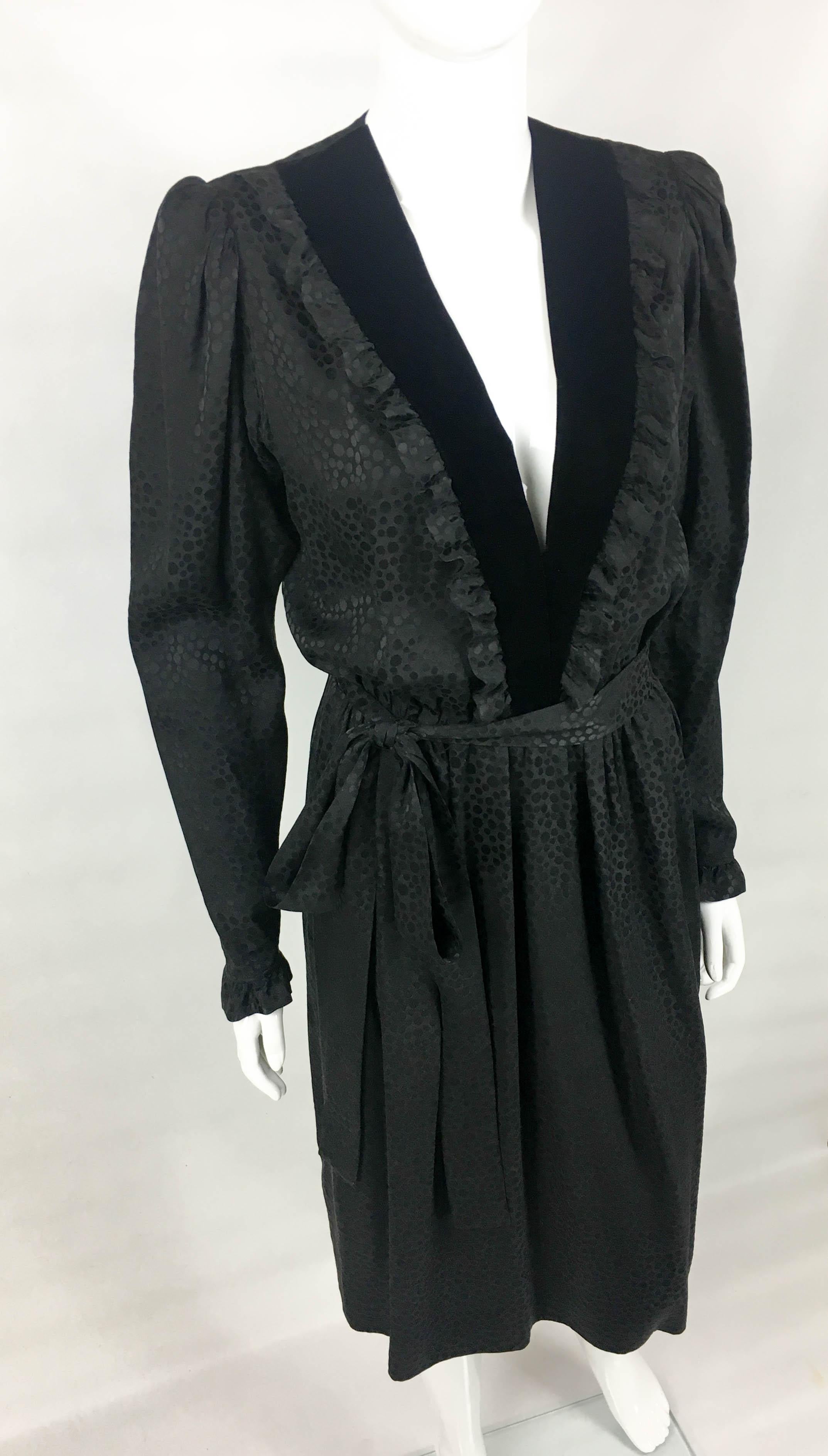1980's Yves Saint Laurent Black Polka Dot Silk Dress With Ruffles and Velvet For Sale 2