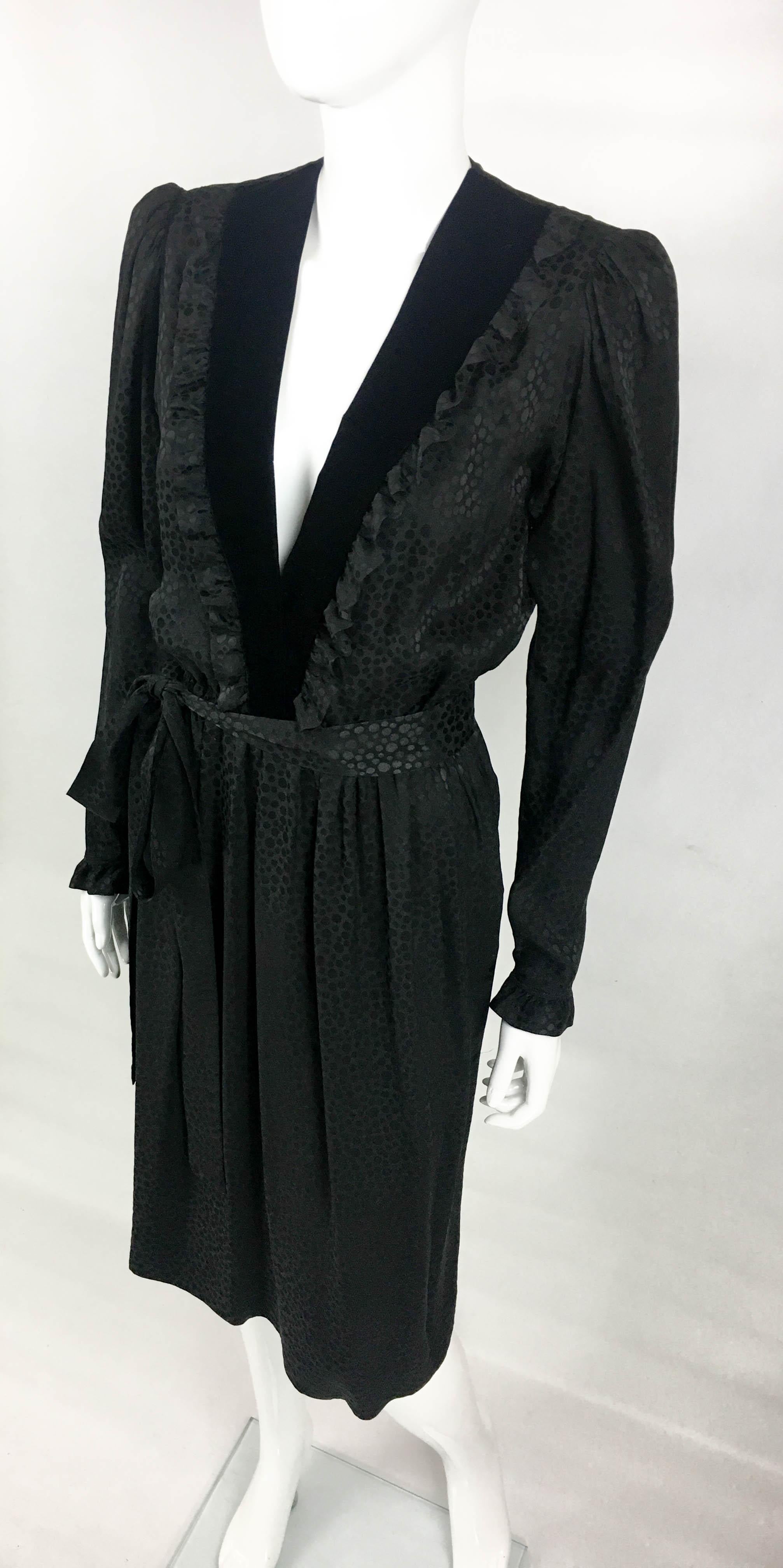 1980's Yves Saint Laurent Black Polka Dot Silk Dress With Ruffles and Velvet For Sale 3