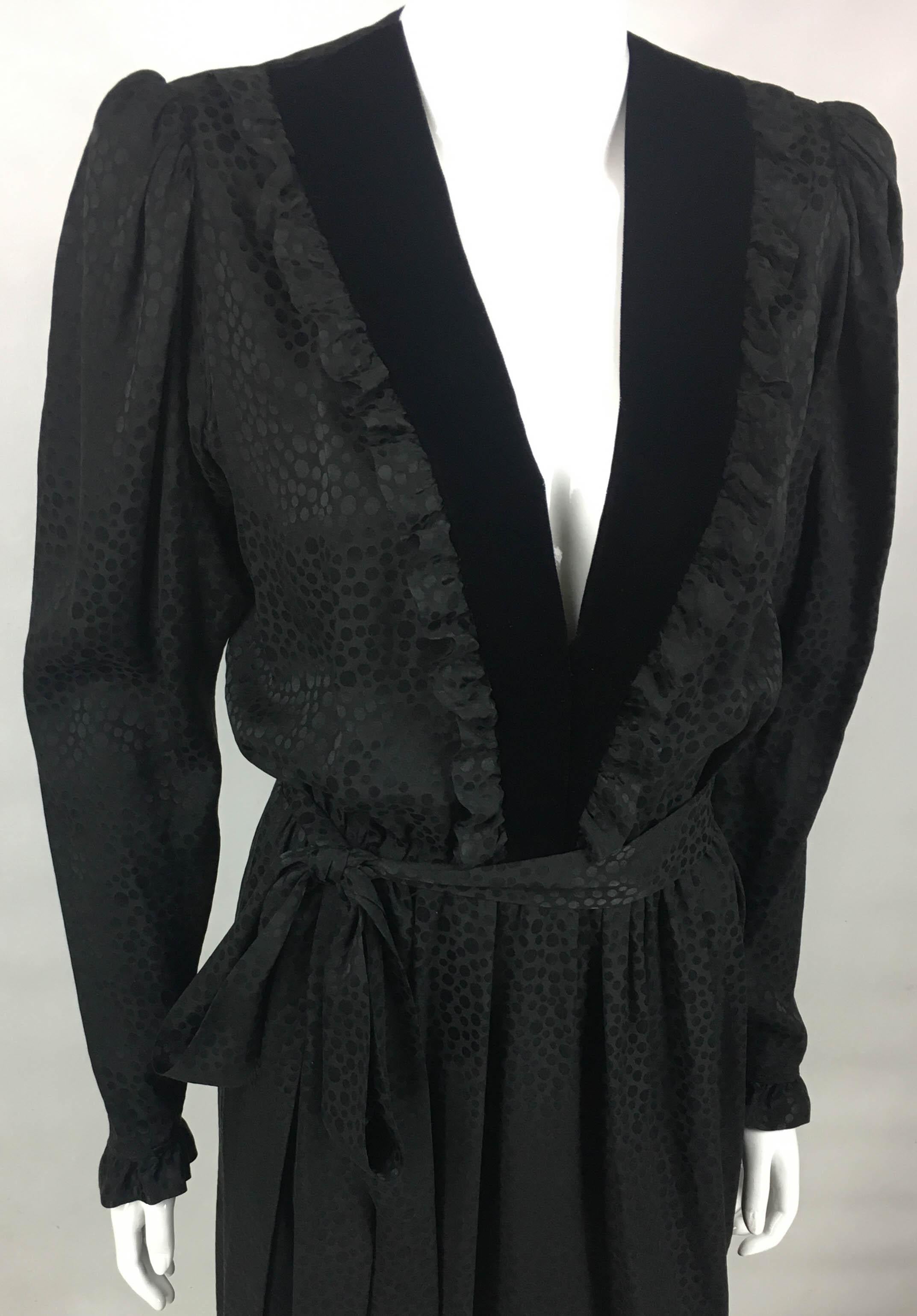 1980's Yves Saint Laurent Black Polka Dot Silk Dress With Ruffles and Velvet For Sale 4