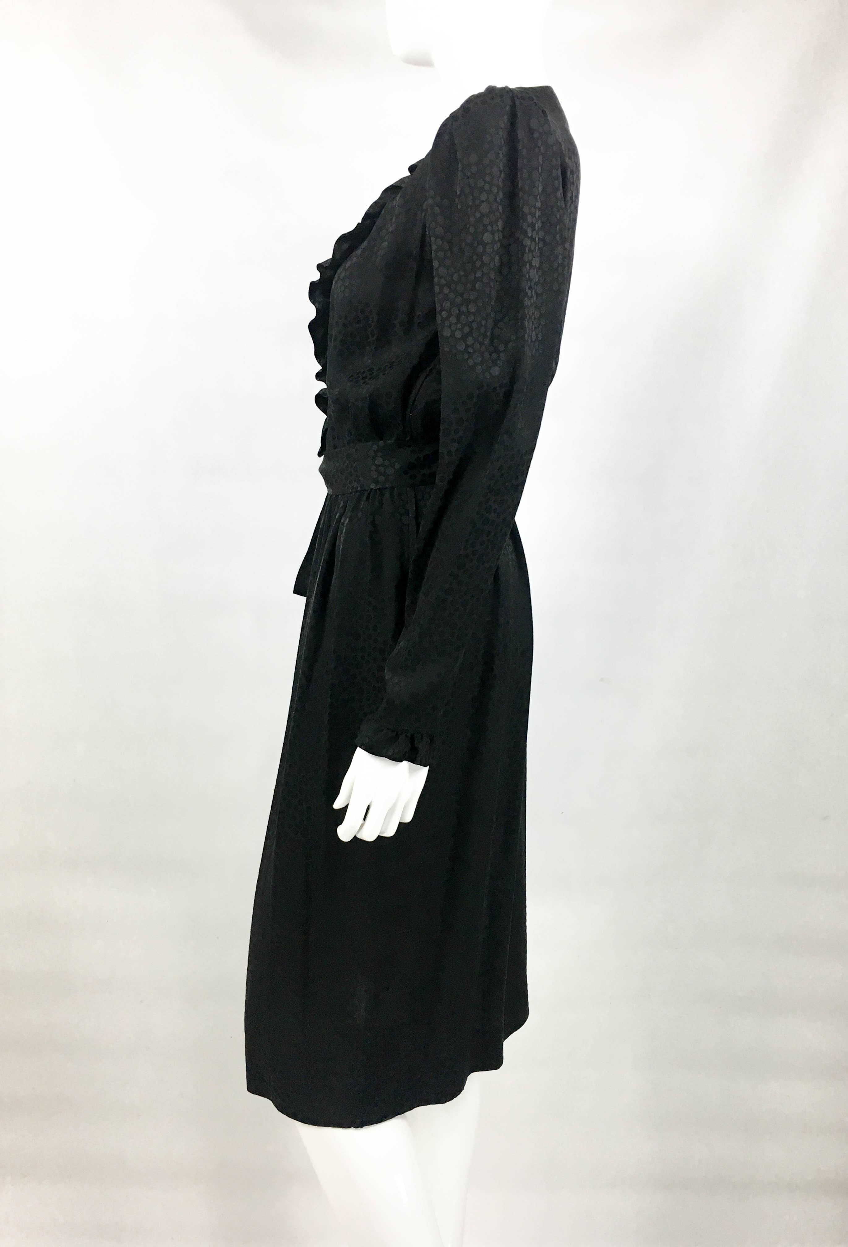 1980's Yves Saint Laurent Black Polka Dot Silk Dress With Ruffles and Velvet For Sale 7