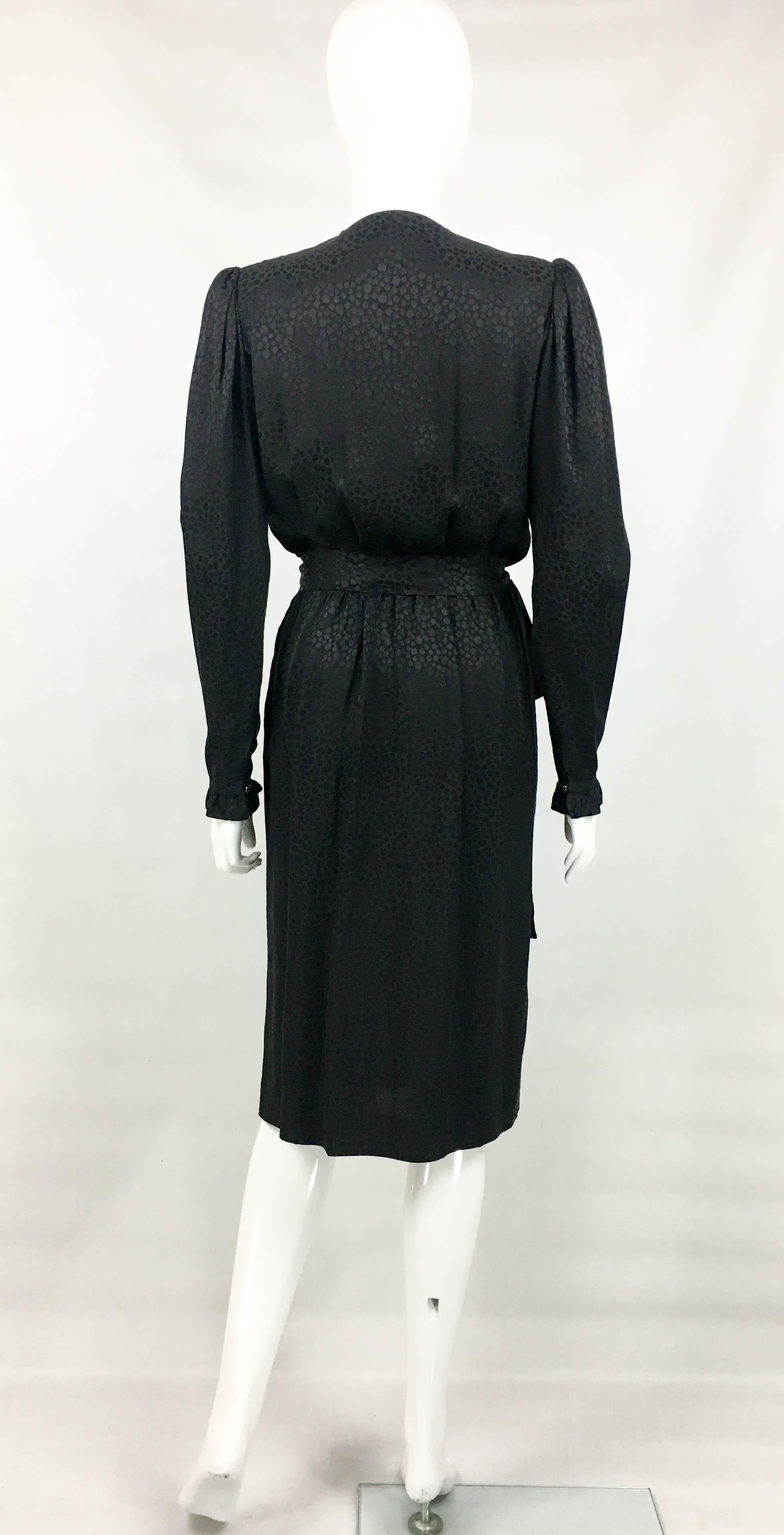 1980's Yves Saint Laurent Black Polka Dot Silk Dress With Ruffles and Velvet For Sale 8
