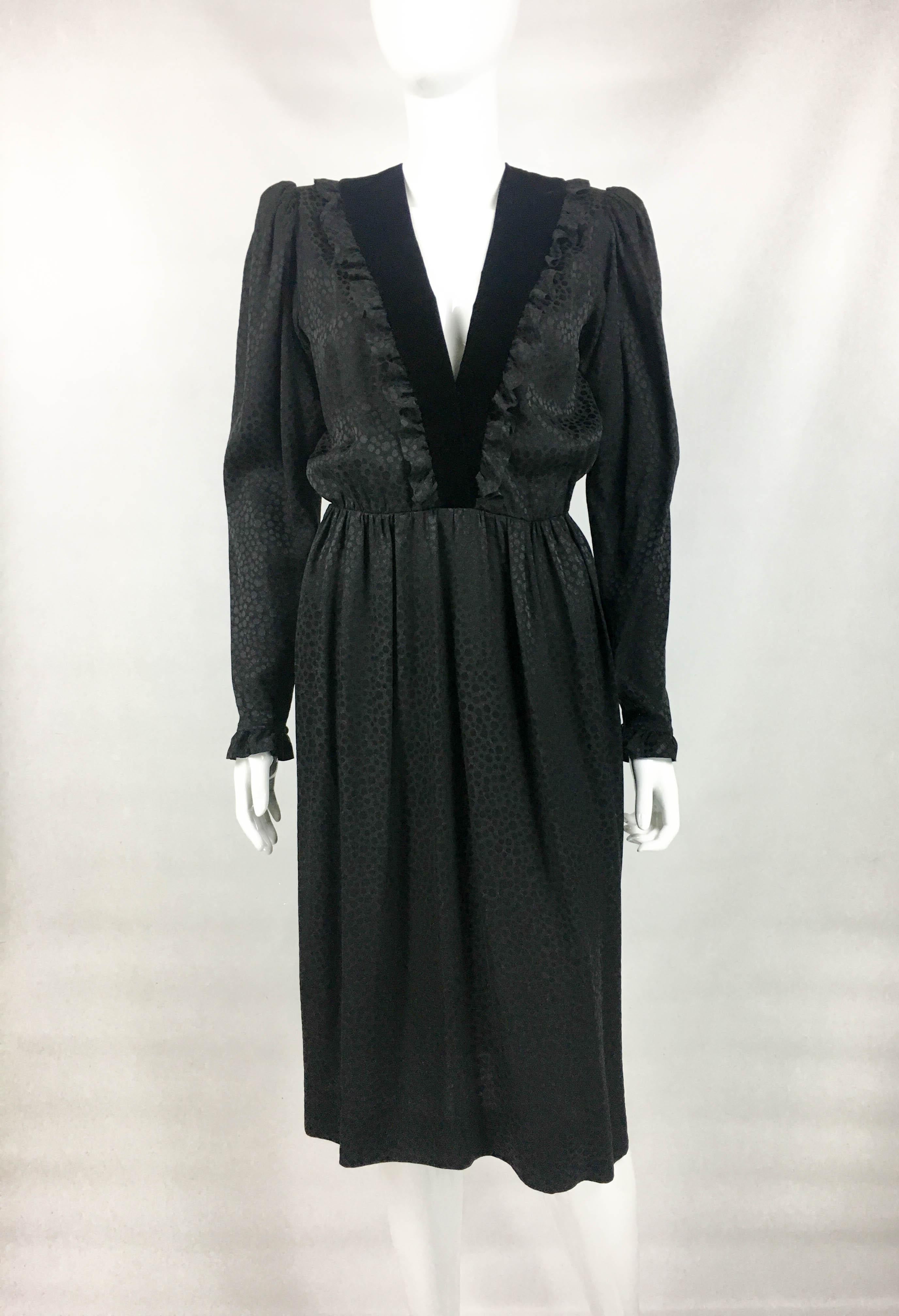 1980's Yves Saint Laurent Black Polka Dot Silk Dress With Ruffles and Velvet For Sale 10