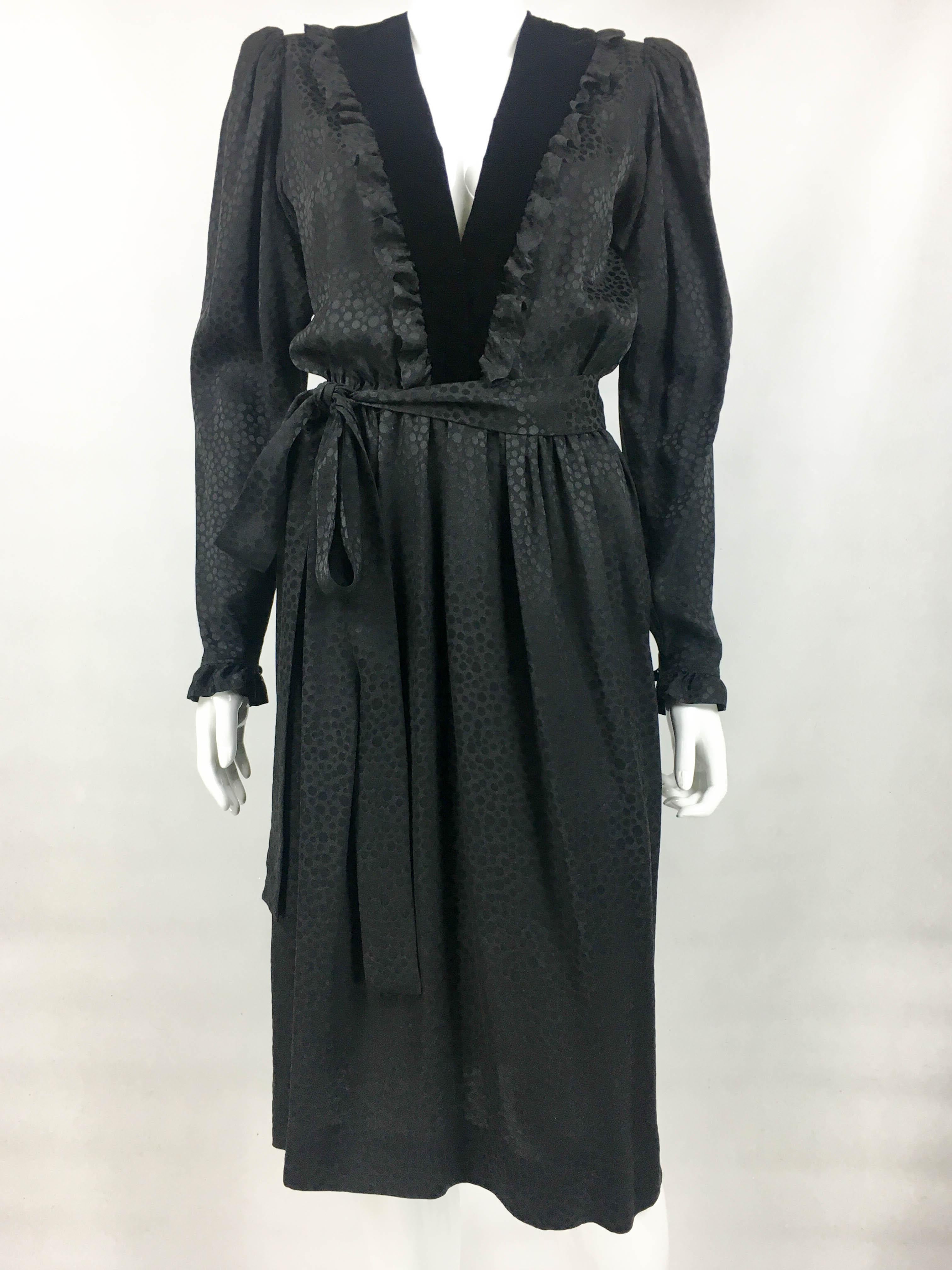1980's Yves Saint Laurent Black Polka Dot Silk Dress With Ruffles and Velvet For Sale 1