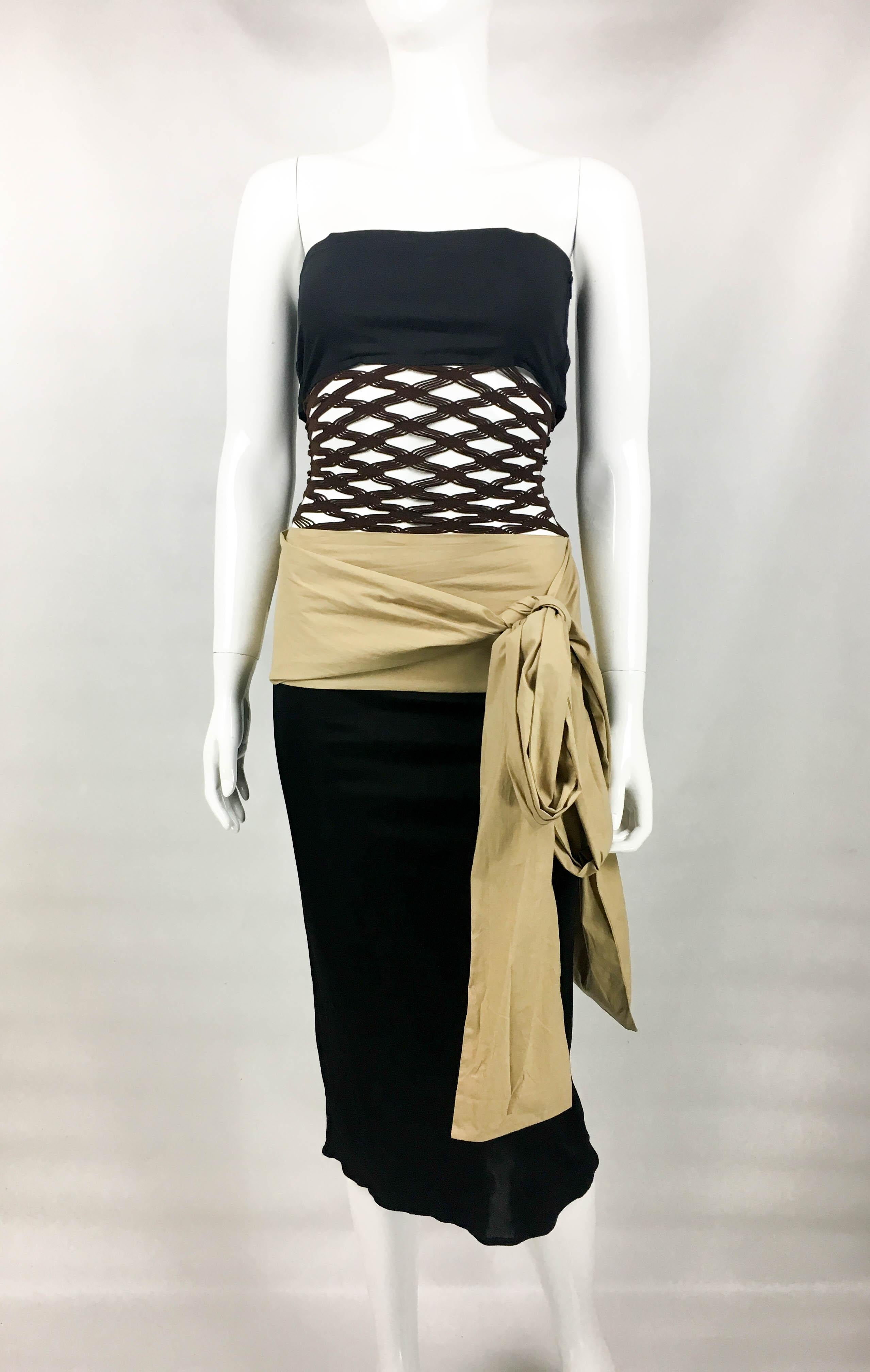 1990's Jean Paul Gaultier Black and Beige With Net Panel Dress In Excellent Condition For Sale In London, Chelsea