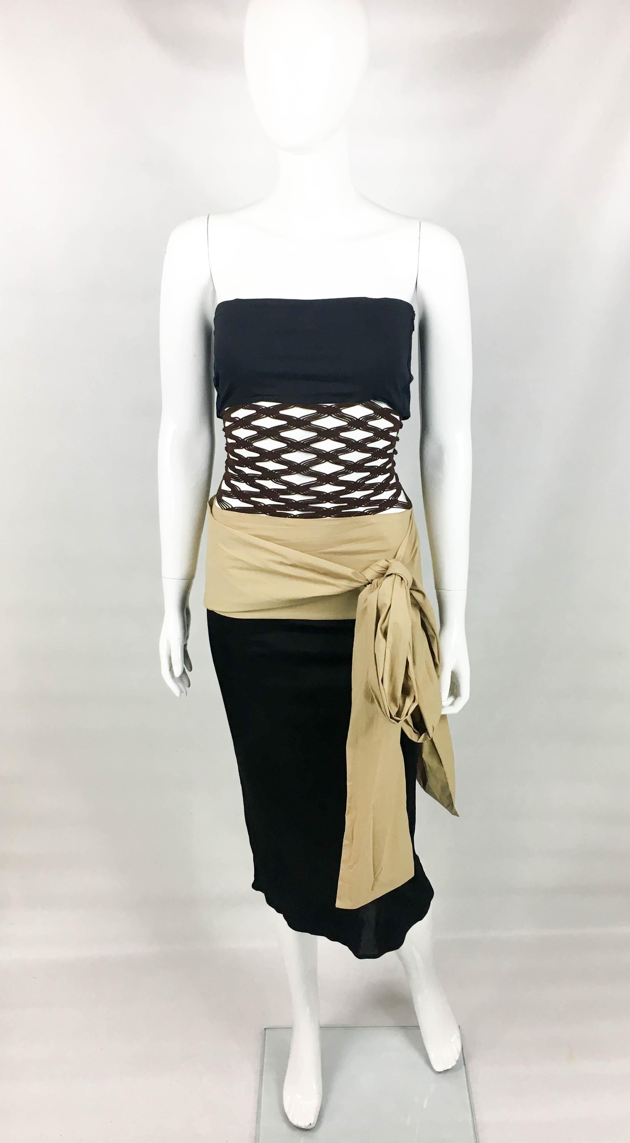 1990's Jean Paul Gaultier Black and Beige With Net Panel Dress For Sale 1
