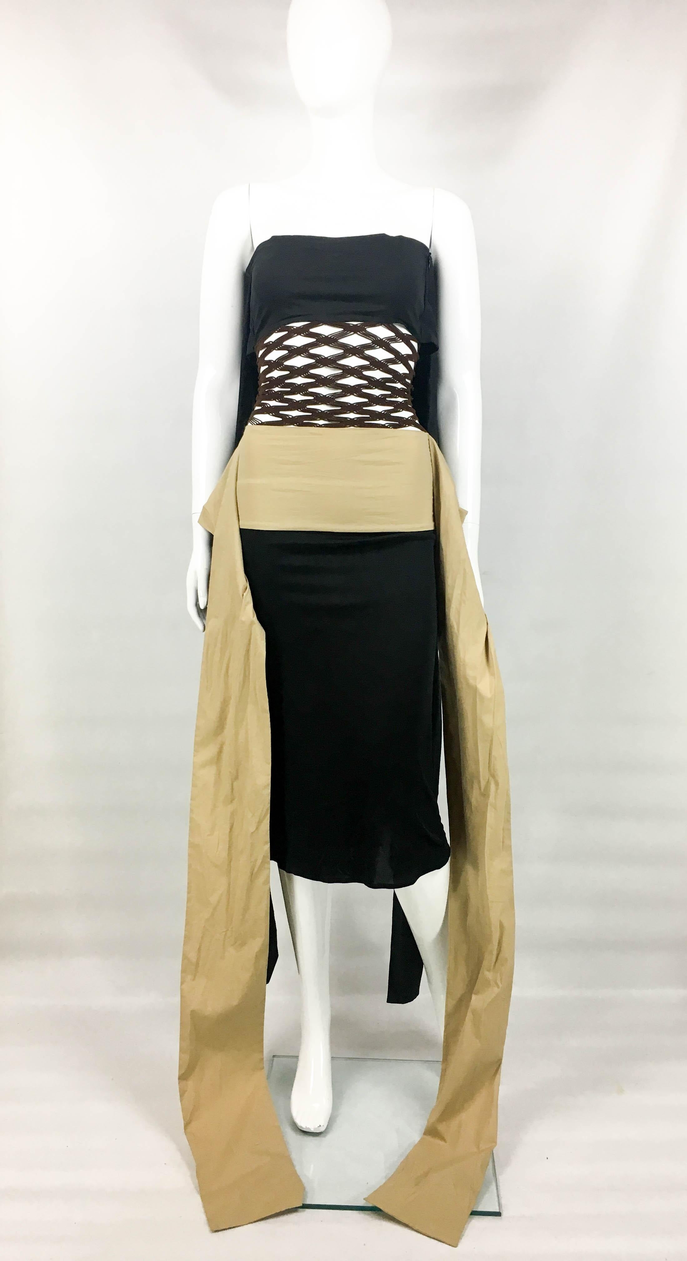 1990's Jean Paul Gaultier Black and Beige With Net Panel Dress For Sale 6