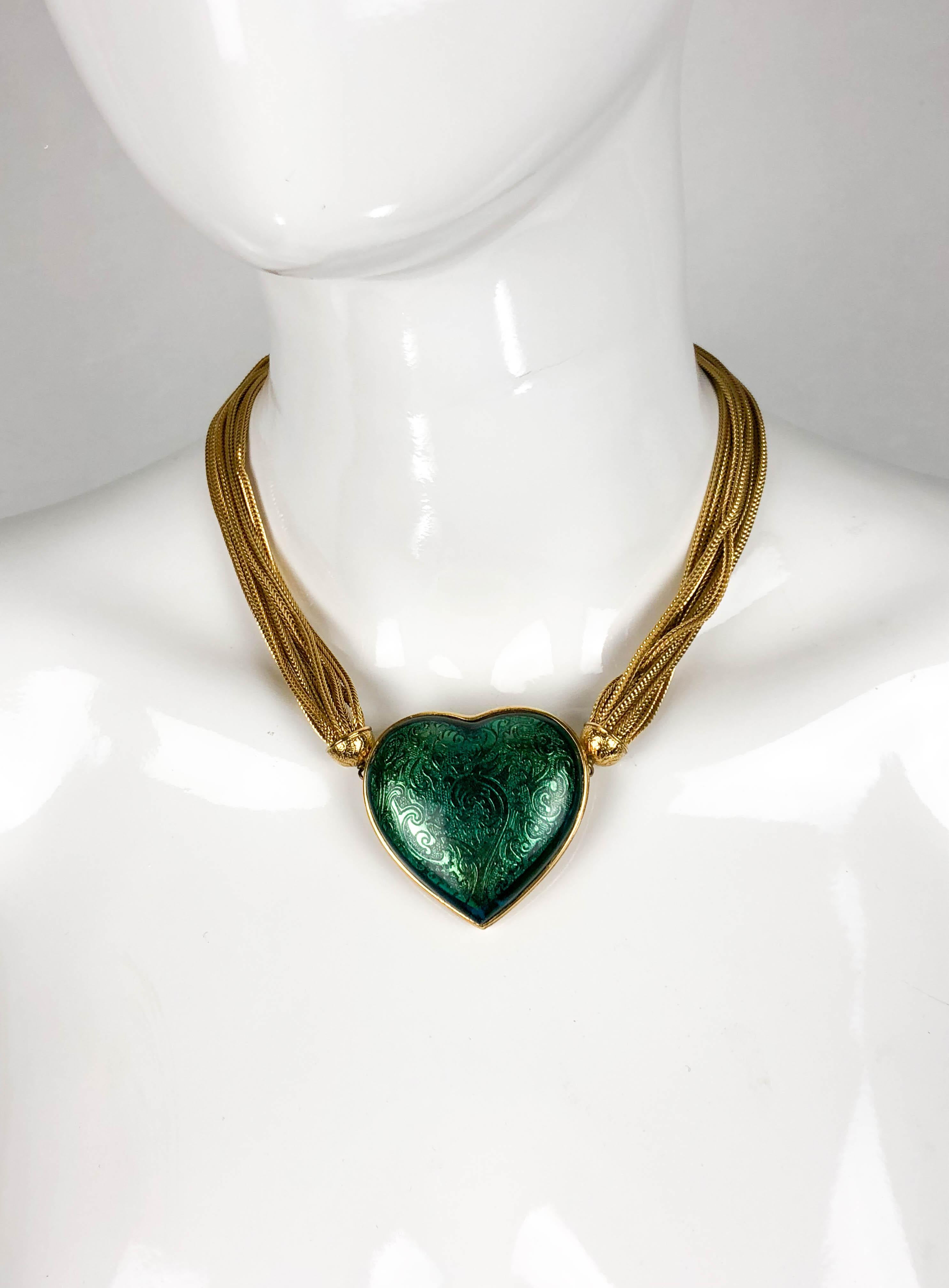 1980's Yves Saint Laurent Green Heart Pendant Necklace In Excellent Condition For Sale In London, Chelsea